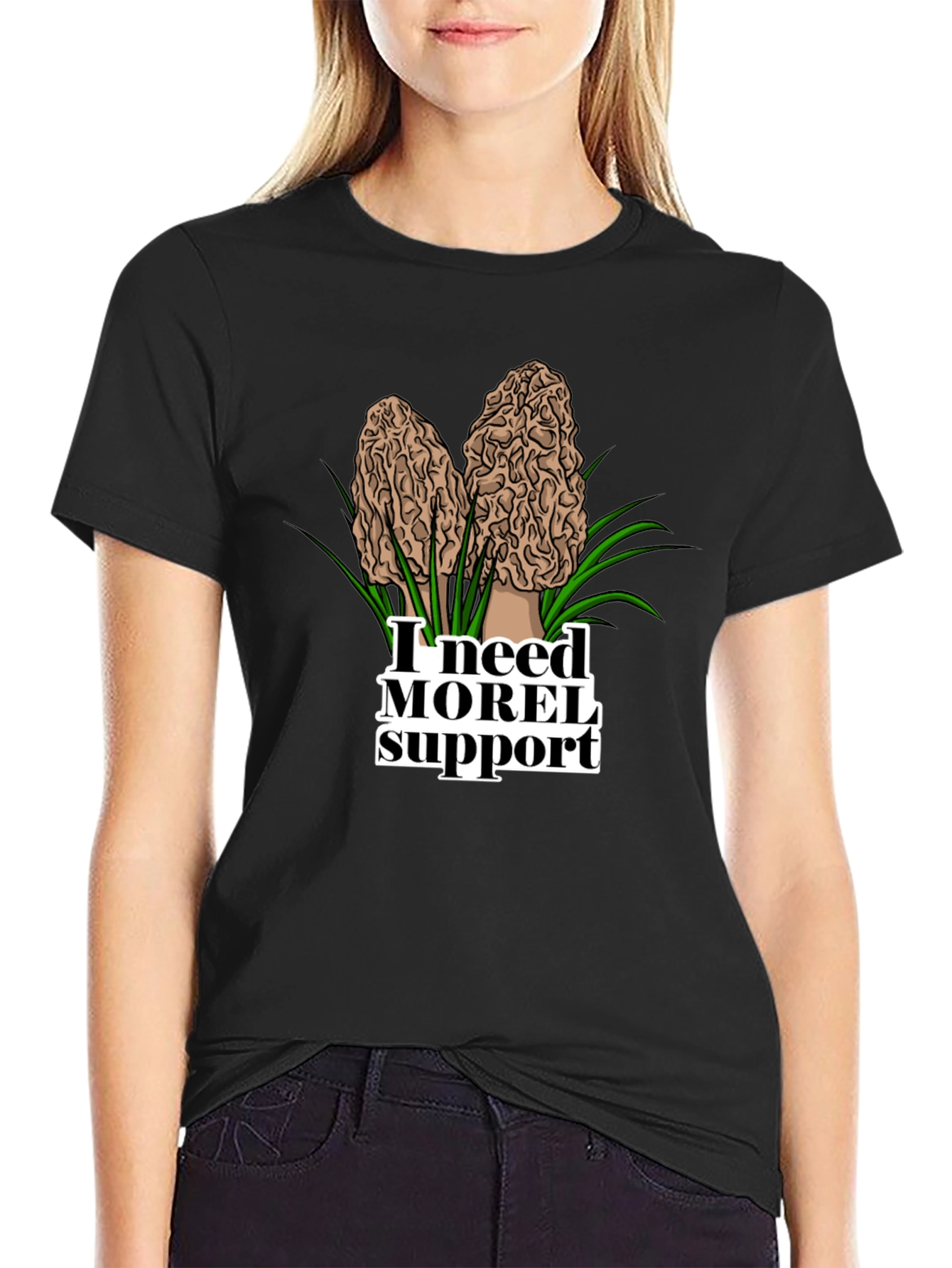 Black I Need Morel Support Funny Mushroom T-Shirt view 2