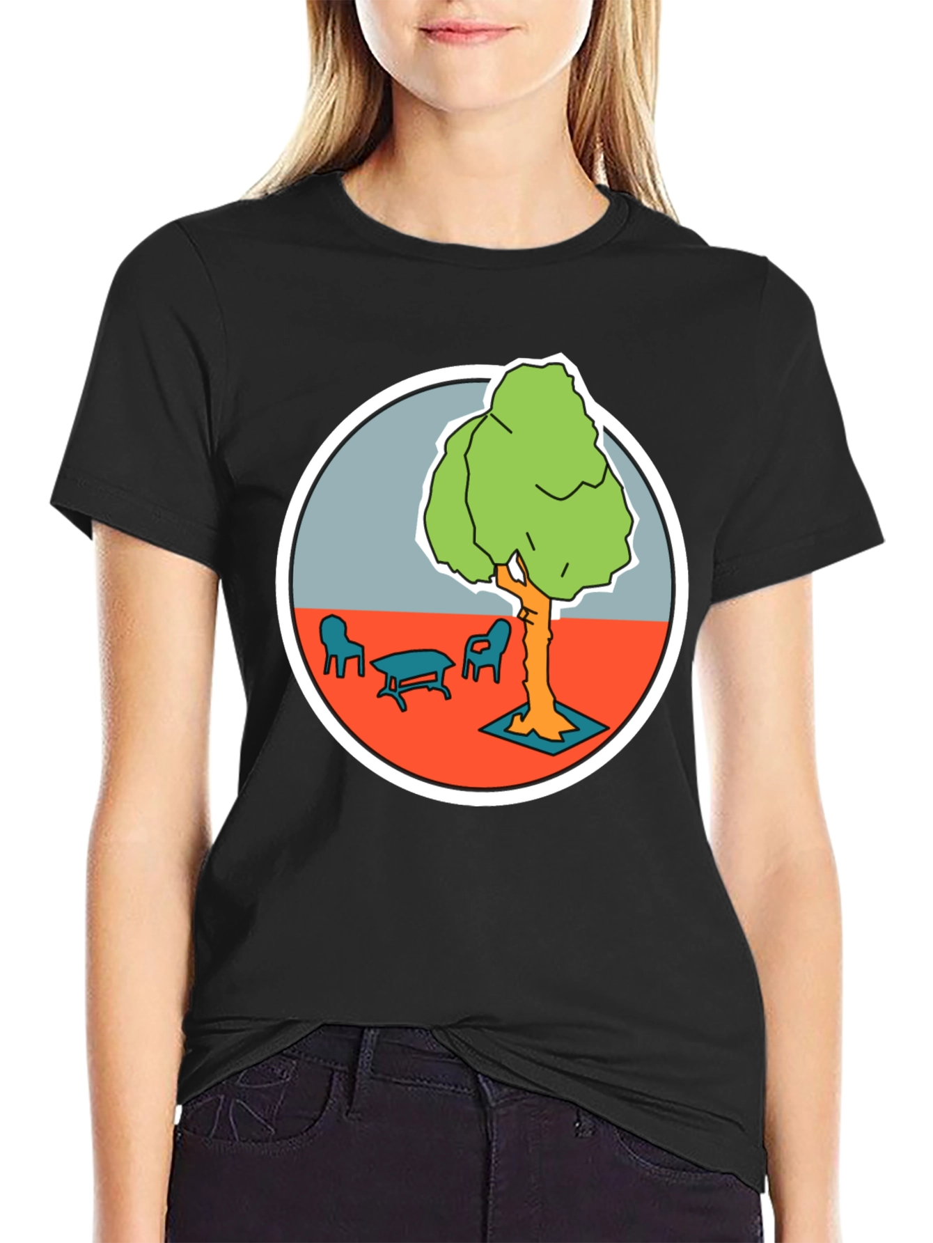 Black Black T-Shirt with Cartoon Tree Print view 2