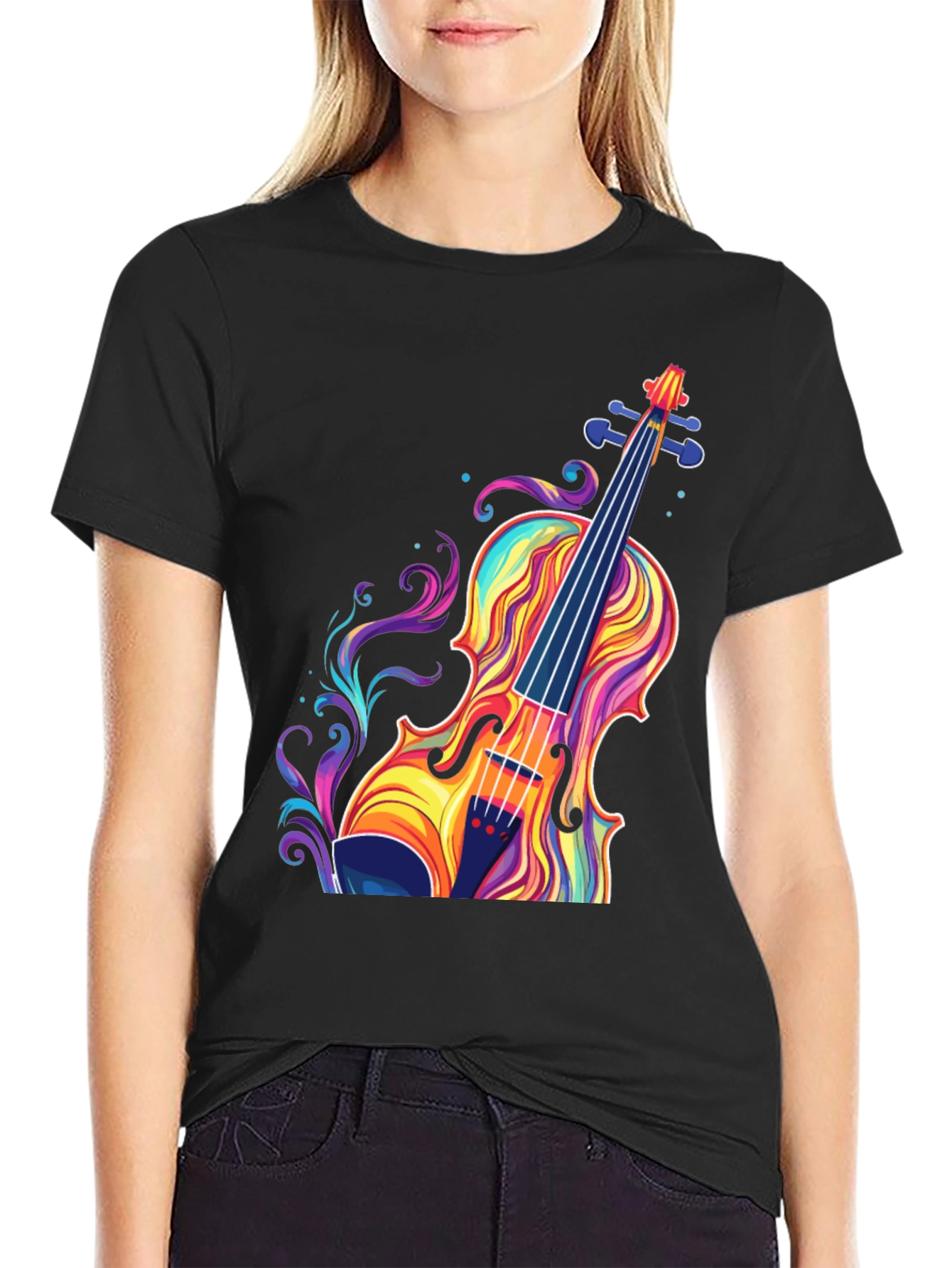 Black Colorful Violin Graphic T-Shirt - Music Lover Tee view 2