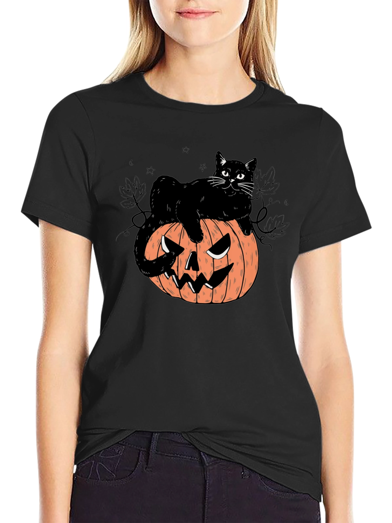 Black Halloween Cat on Pumpkin Graphic Tee view 2