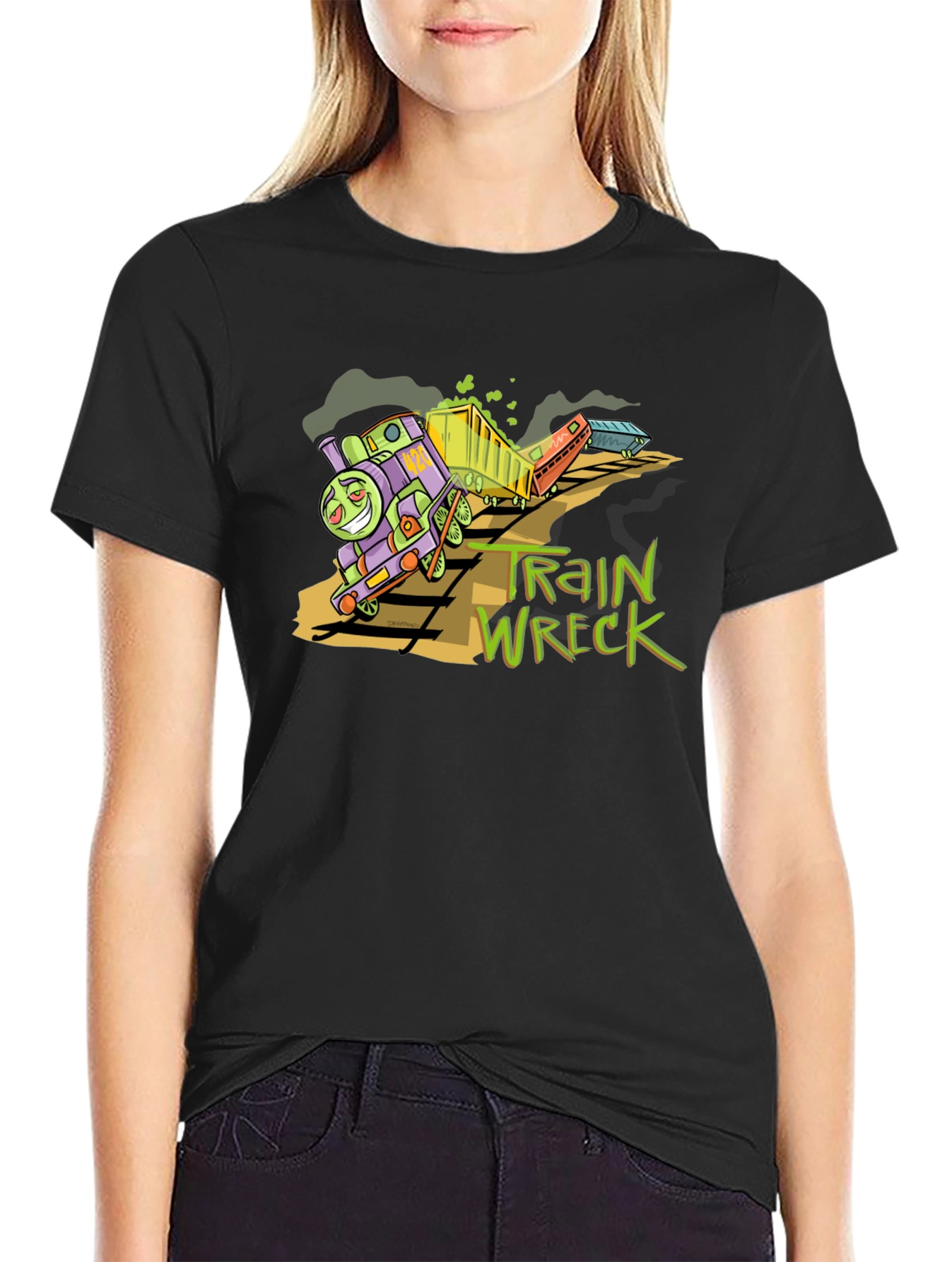 Black Train Wreck Graphic Tee -  Black Cotton Shirt view 2