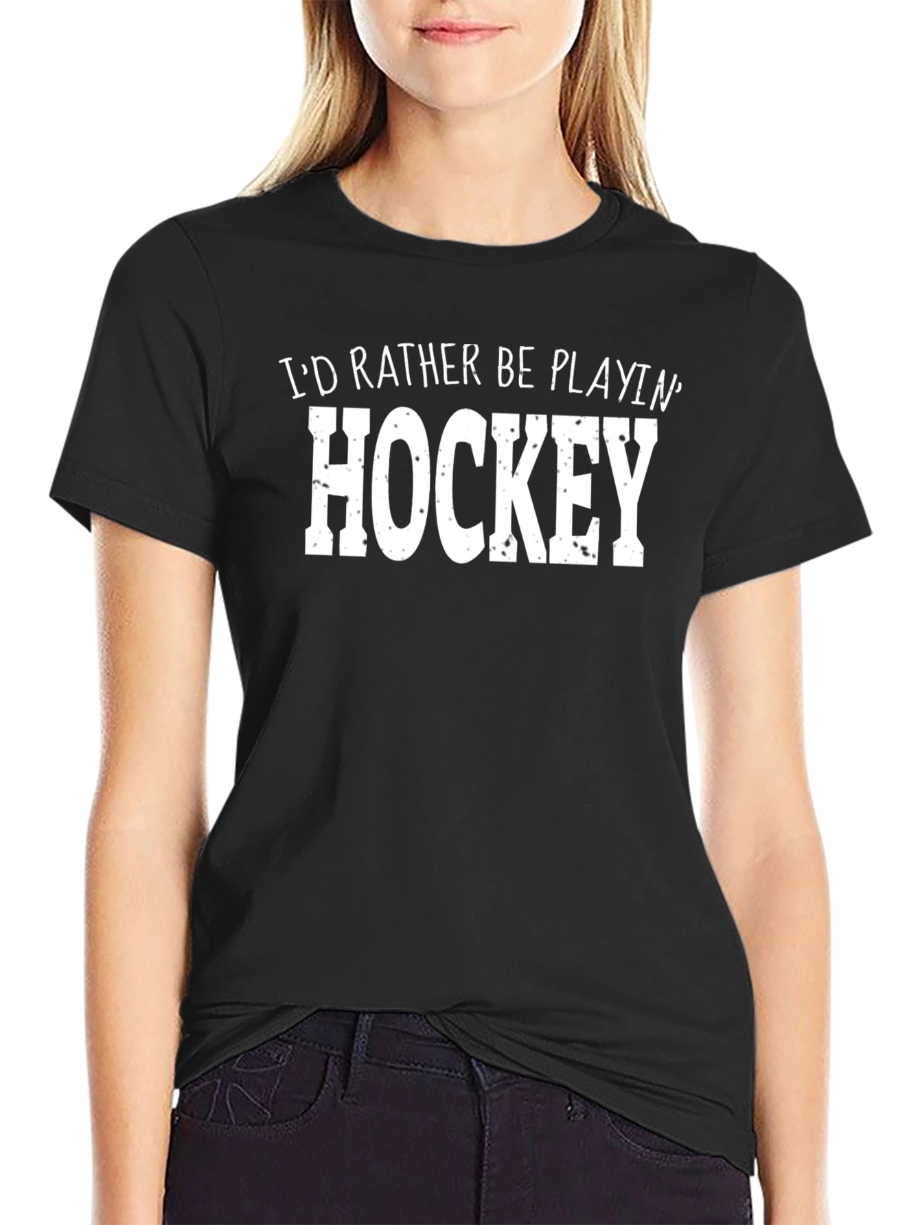 Black I'd Rather Be Playing Hockey Black T-Shirt view 2