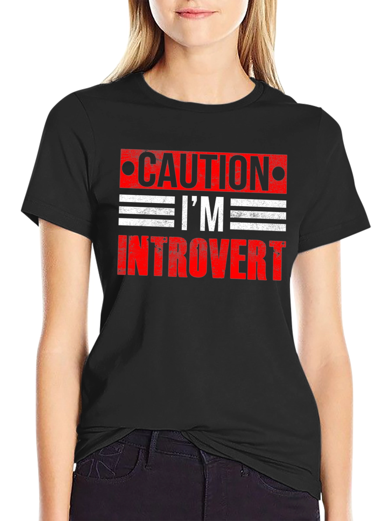 Black Caution I'm Introvert Graphic T-Shirt view 2