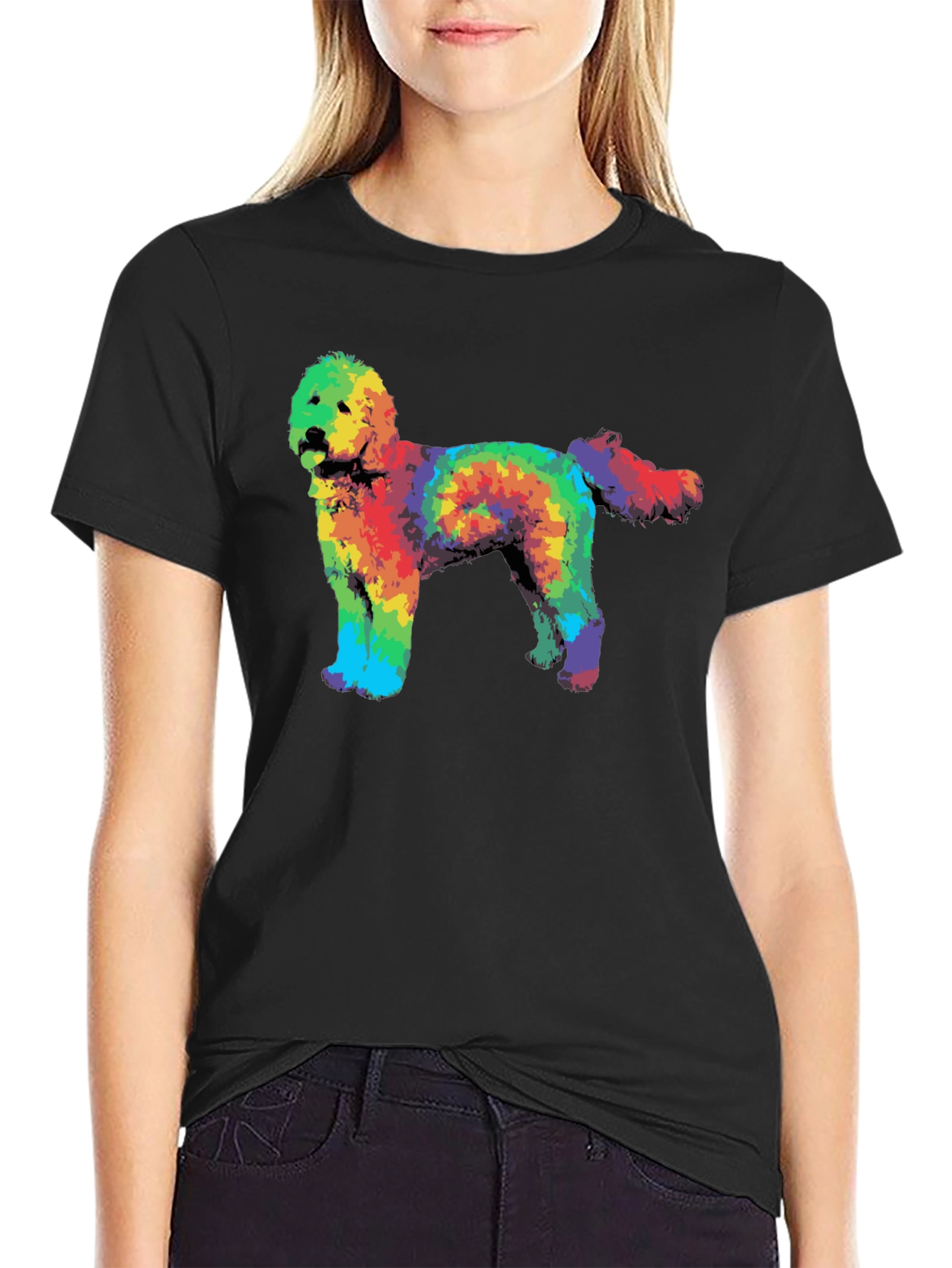 Black Rainbow Tie-Dye Doodle Dog Graphic T-Shirt view 2