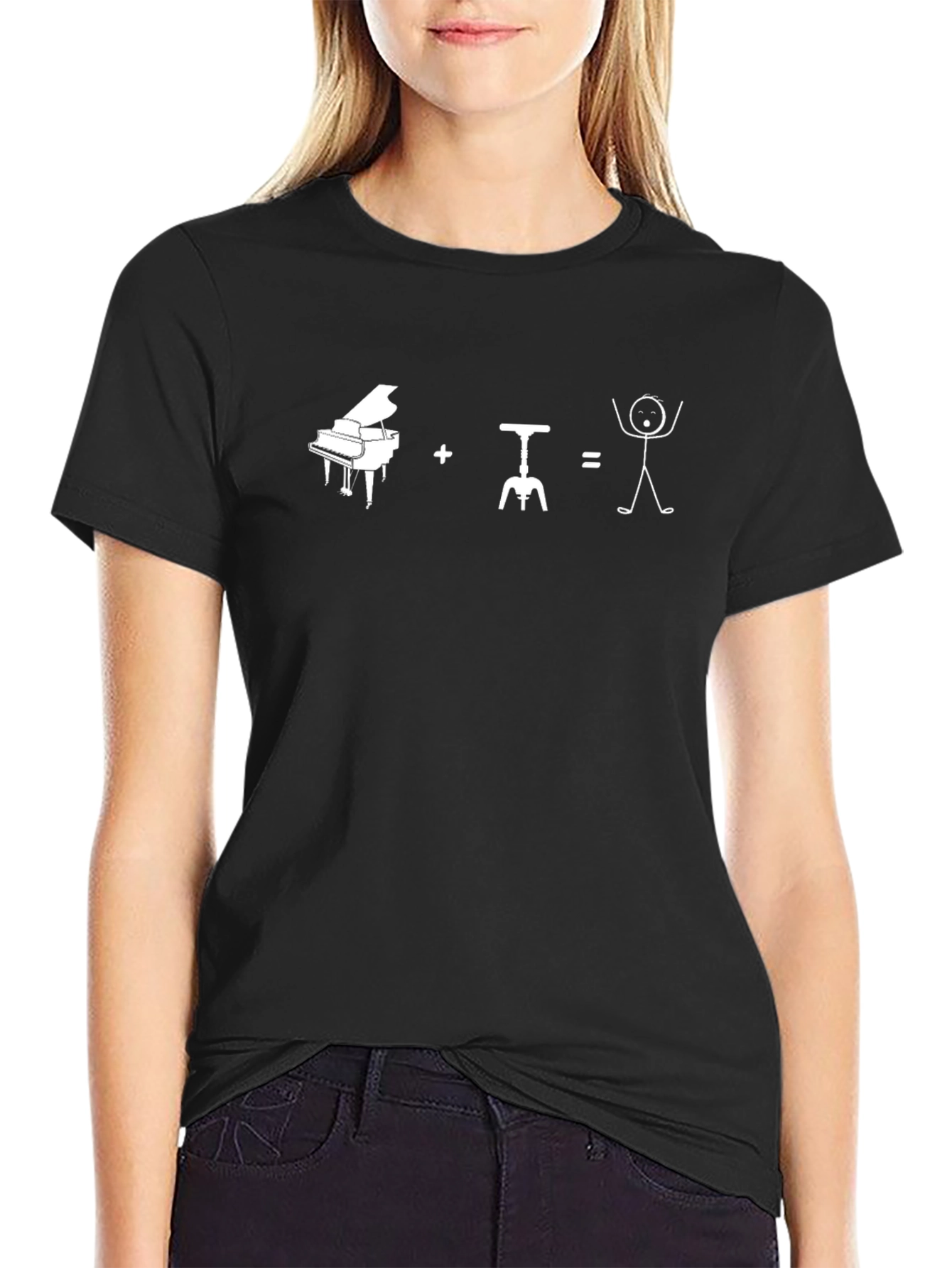 Black Funny Piano Wine Equals Stick Figure Graphic T-Shirt view 2