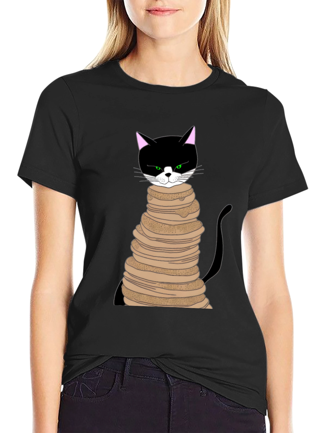 Black Cat Pancake Stack T-Shirt - Funny & Unique Design view 2