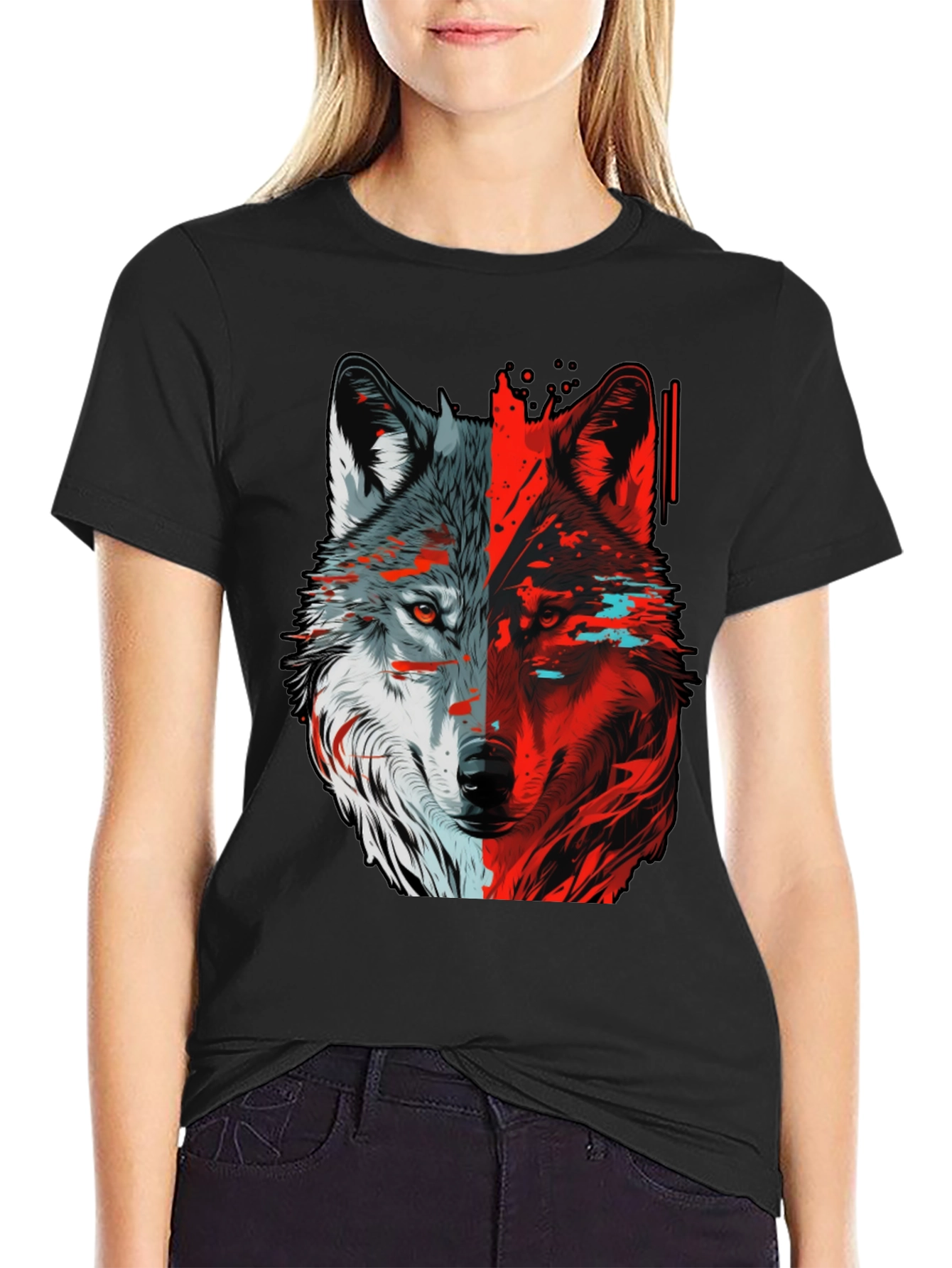 Black Bicolor Wolf Graphic T-Shirt - Stylish Animal Tee view 2