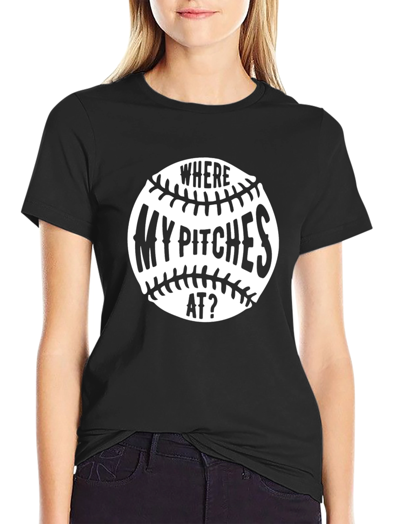 Black Funny Baseball T-Shirt - Where My Pitches At? view 2