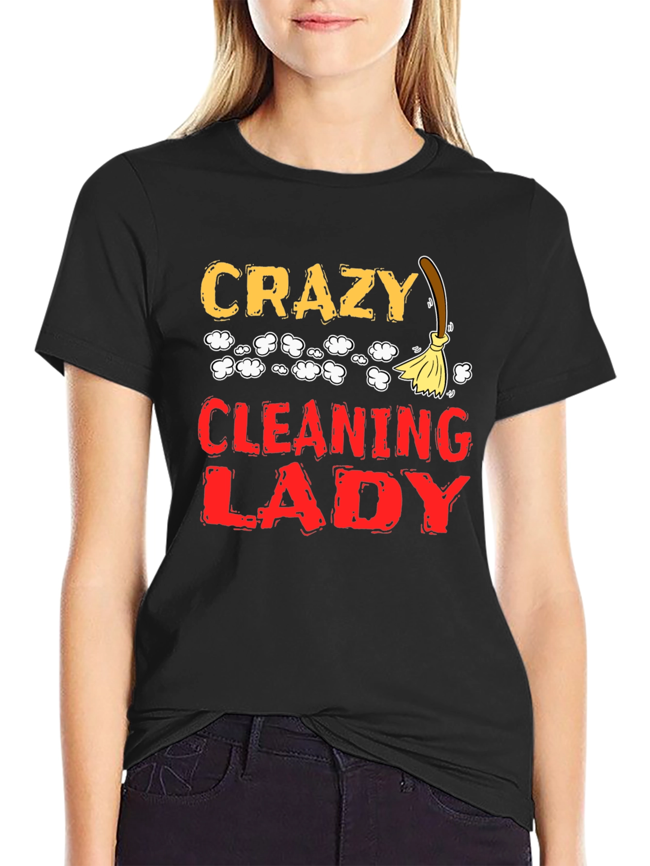 Black Crazy Cleaning Lady Graphic T-Shirt view 2