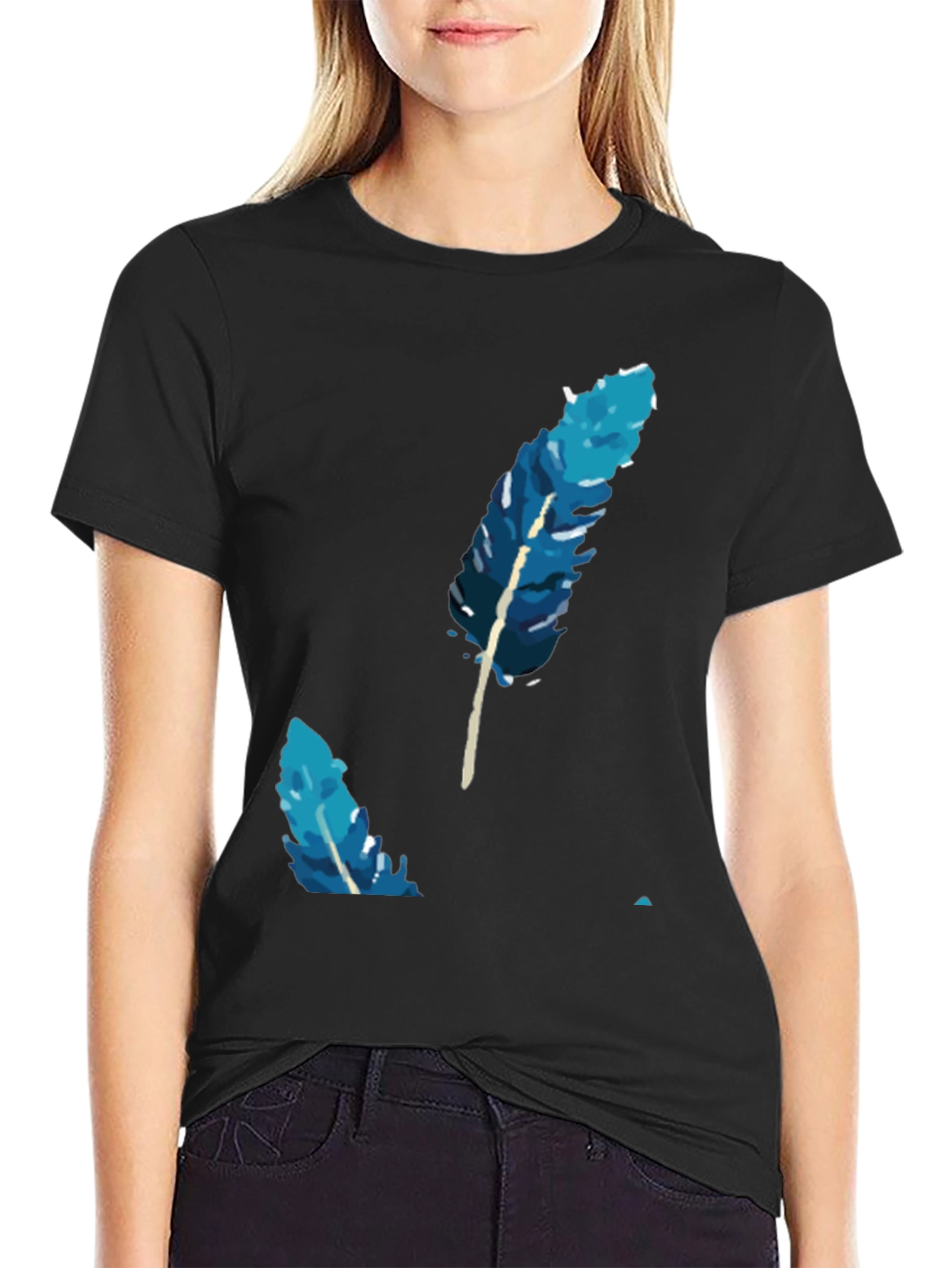 Black Blue Feather Graphic Tee - Soft Cotton Blend view 2