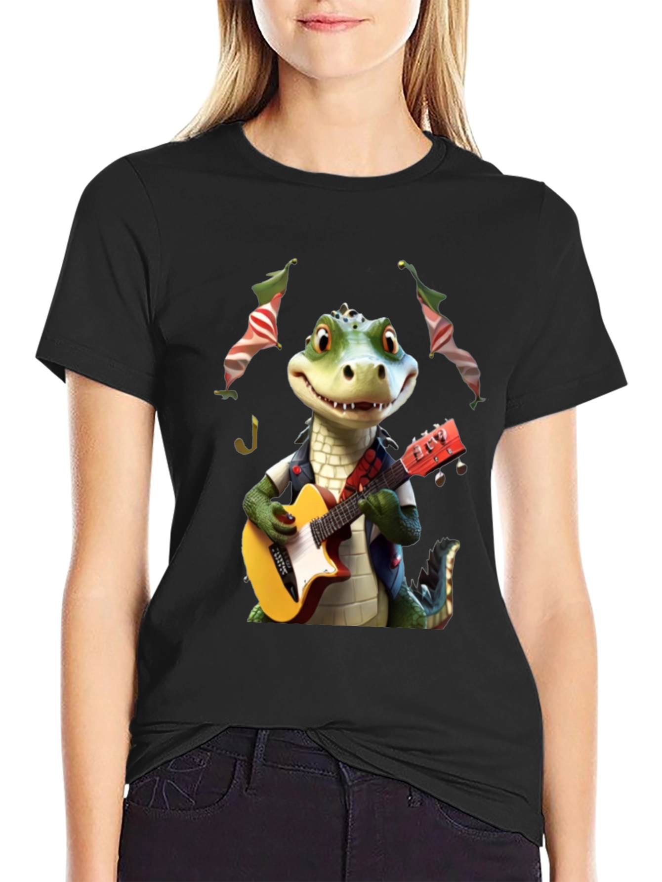 Black Alligator Guitar Player Graphic Tee view 2