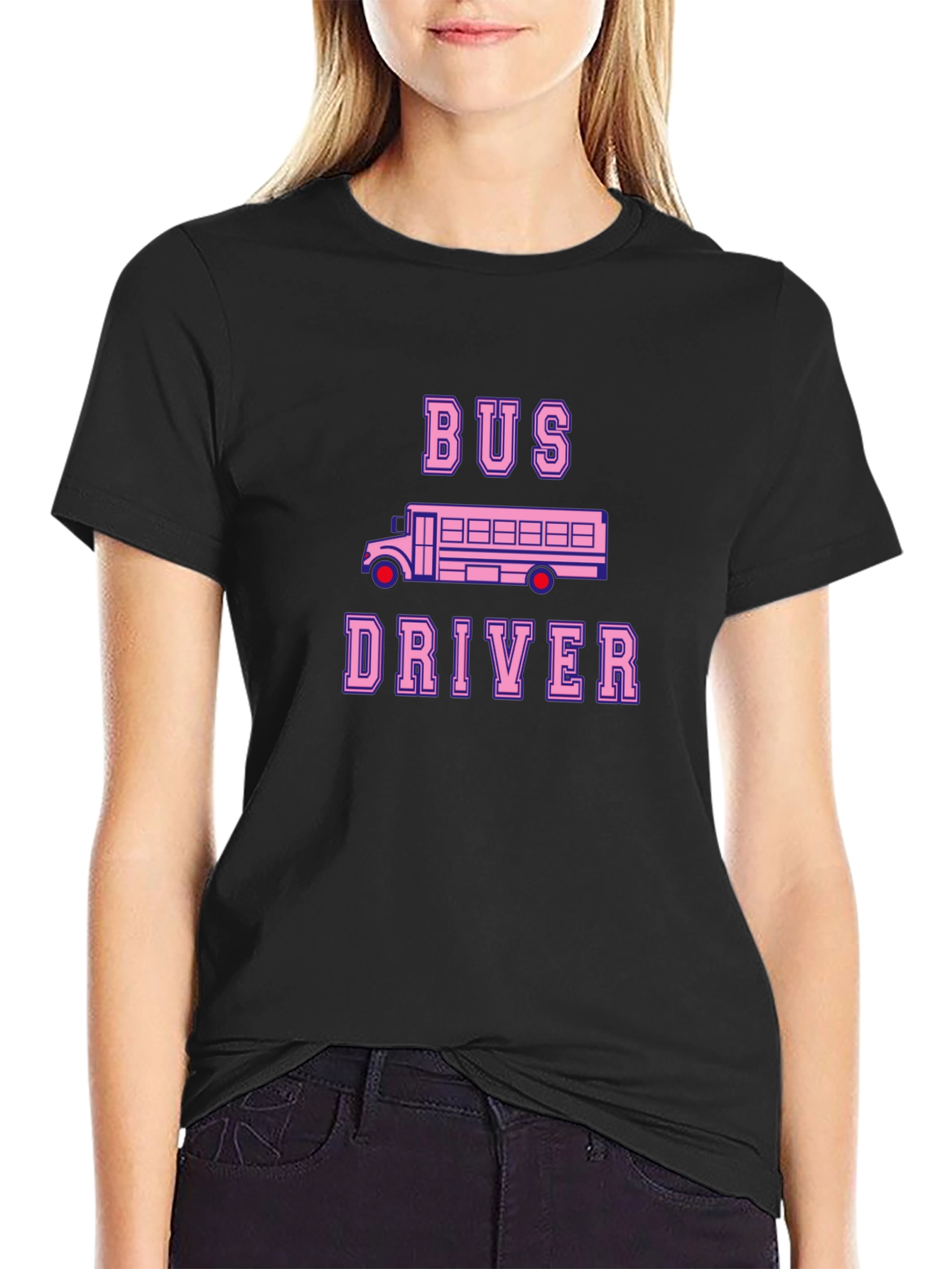 Black Bus Driver T-Shirt - Pink School Bus Design view 2