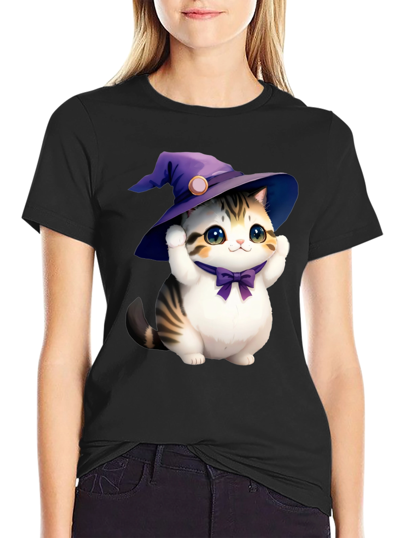 Black Cute Cat in Witch Hat Graphic Tee - Black view 2