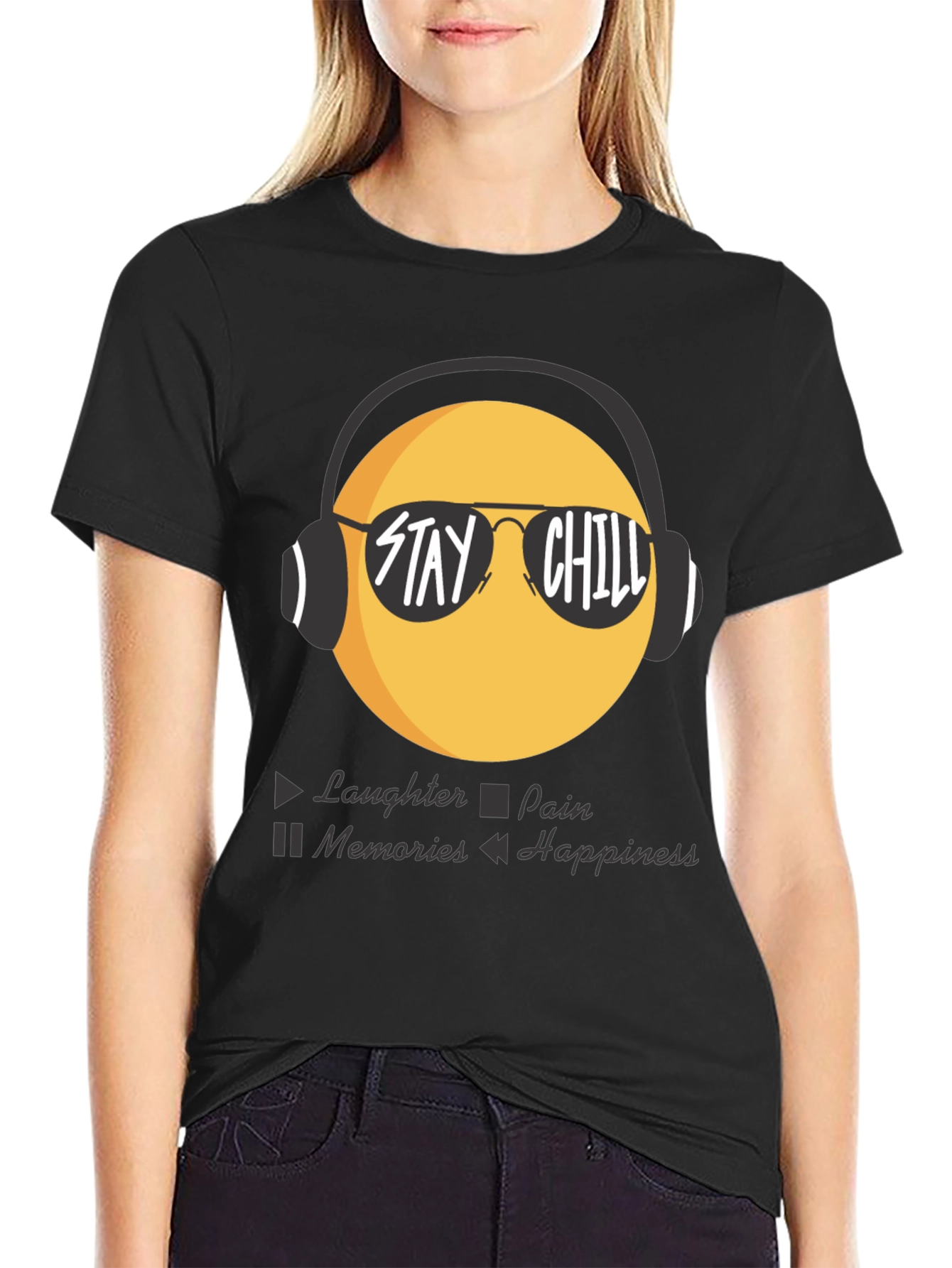 Black Stay Chill Emoji T-Shirt - Laughter, Happiness view 2