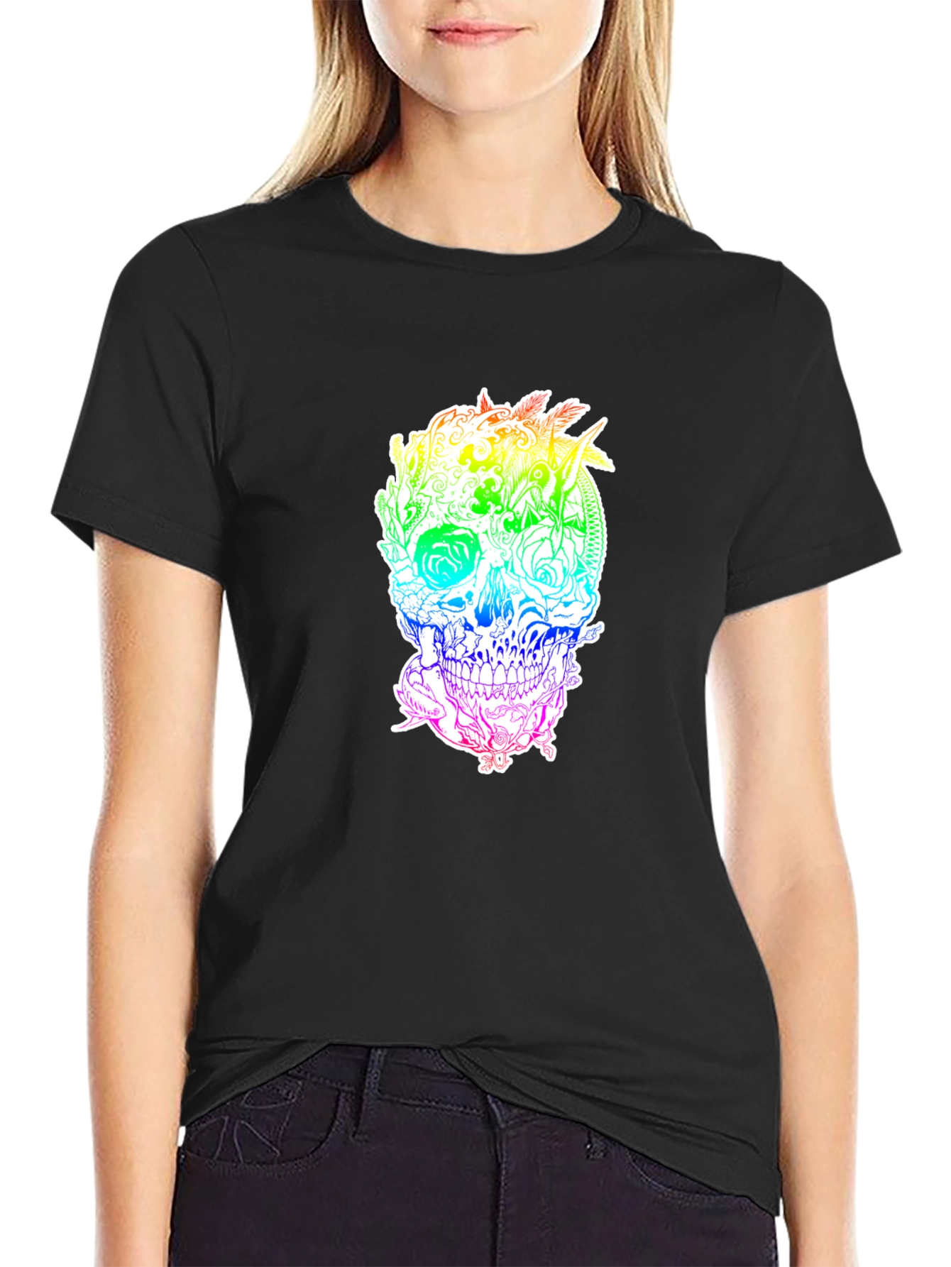 Black Rainbow Floral Skull Graphic Tee view 2