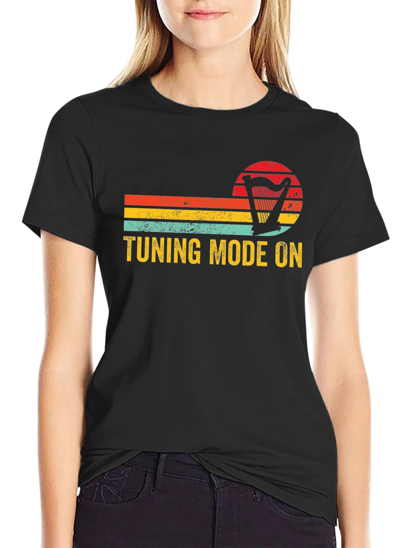 Black Tuning Mode On Harp Retro T-Shirt - Musician Gift view 2