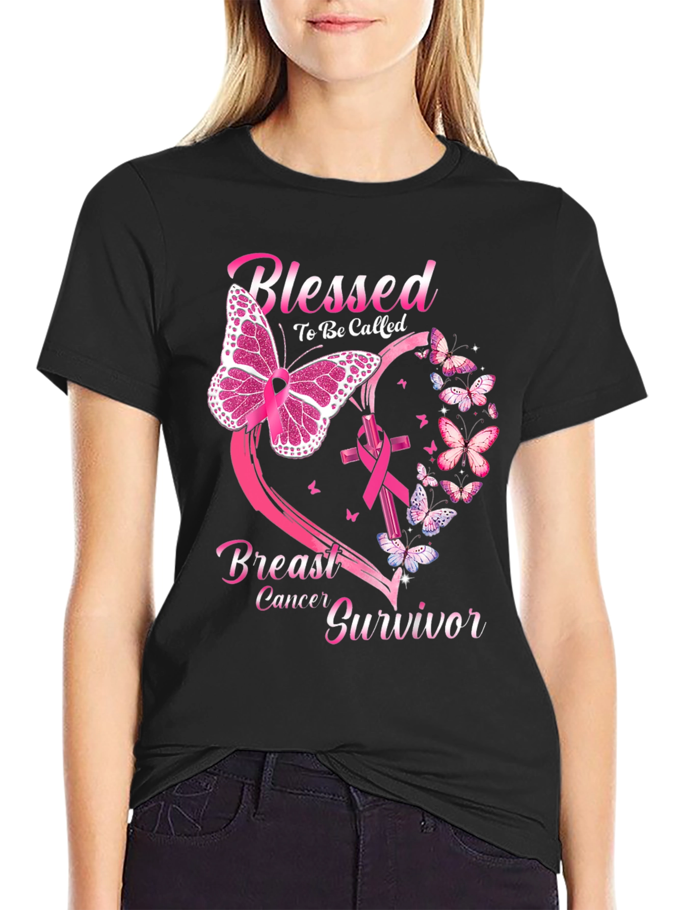 Black Breast Cancer Survivor Butterfly T-Shirt view 2