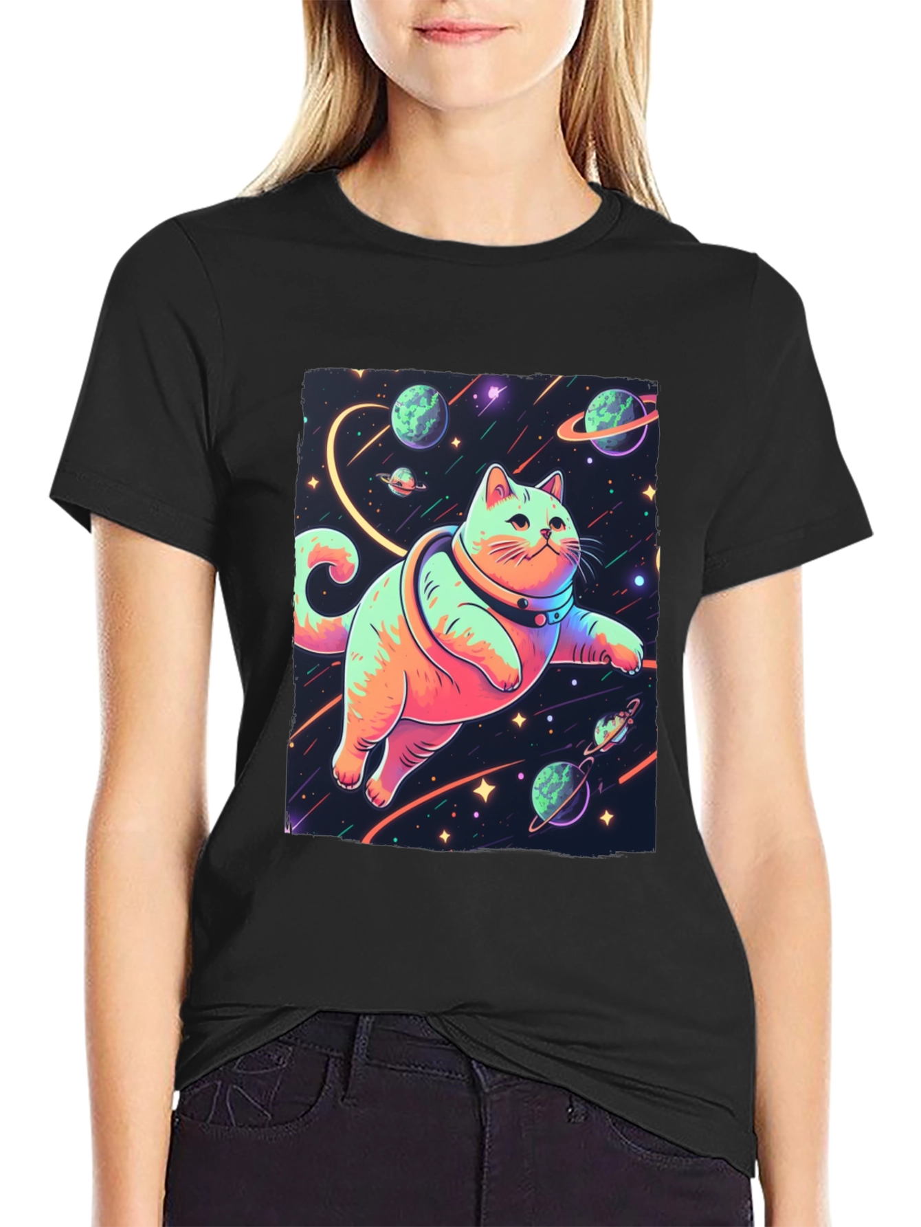 Black Cosmic Cat T-Shirt - Space Adventure Tee view 2
