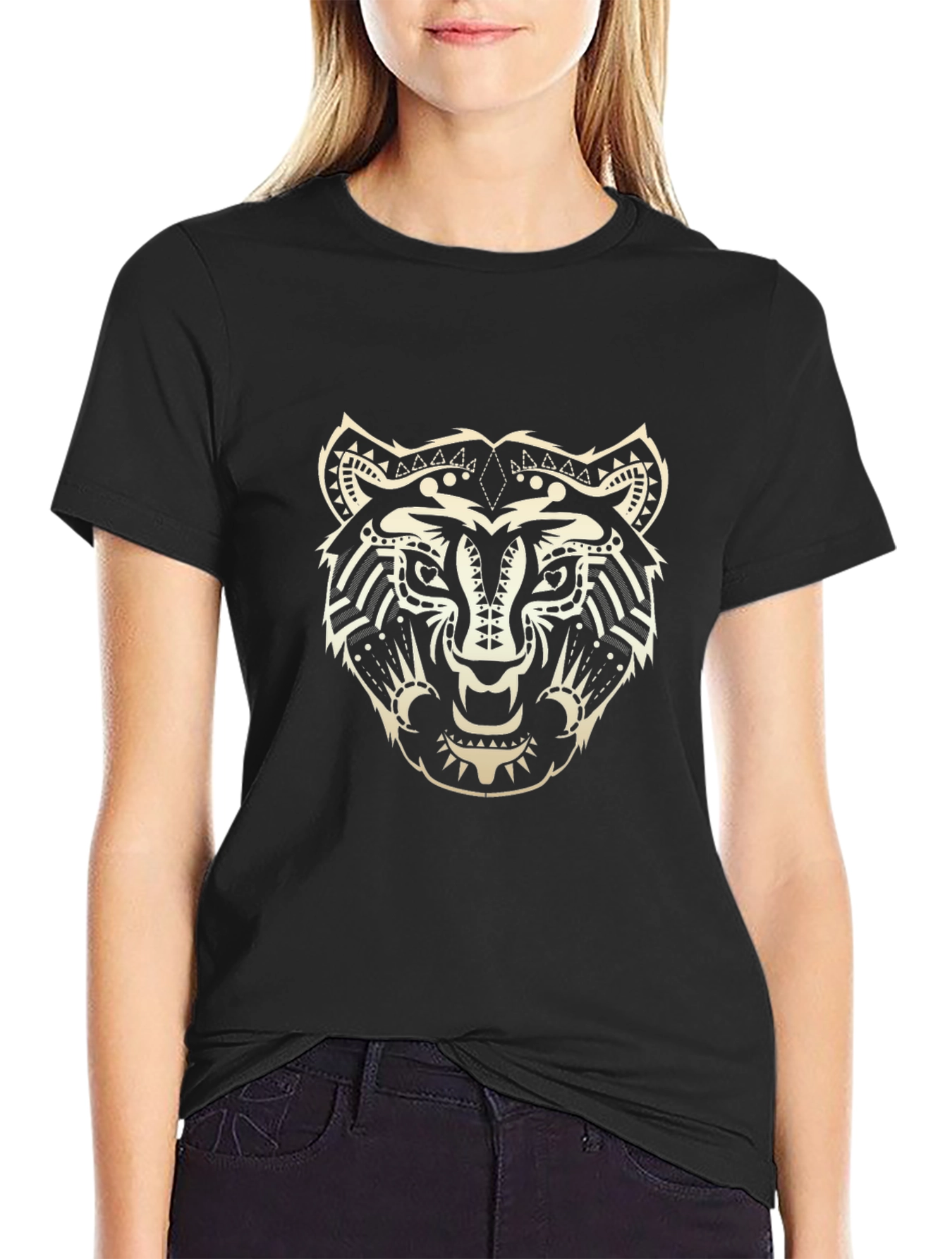Black Tribal Tiger Graphic Black T-Shirt view 2