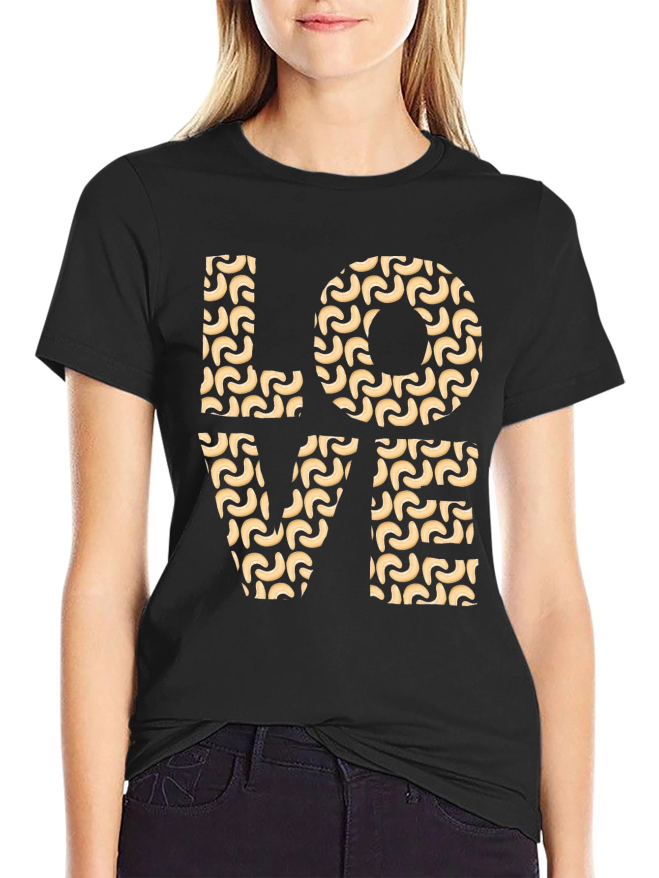 Black Love Pasta Pattern Black T-Shirt view 2
