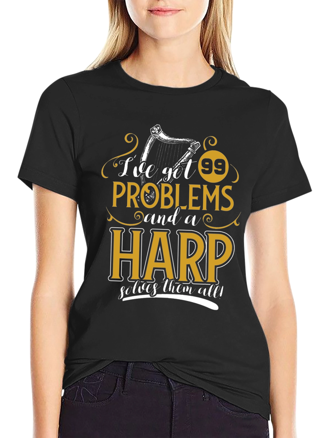 Black 99 Problems Harp T-Shirt - Musician Humor Tee view 2
