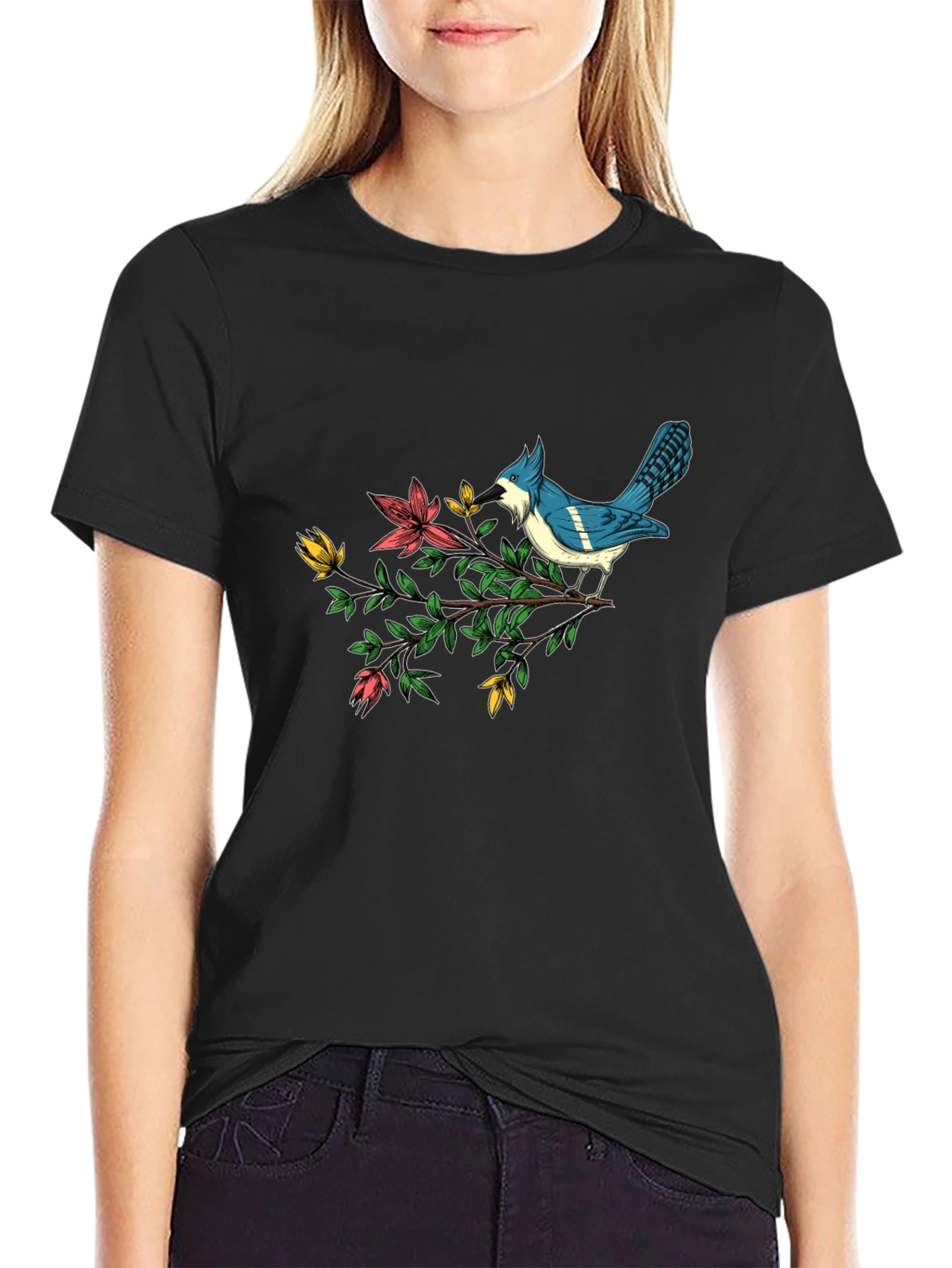 Black Blue Jay on Branch Graphic Tee - Soft Cotton Blend view 2
