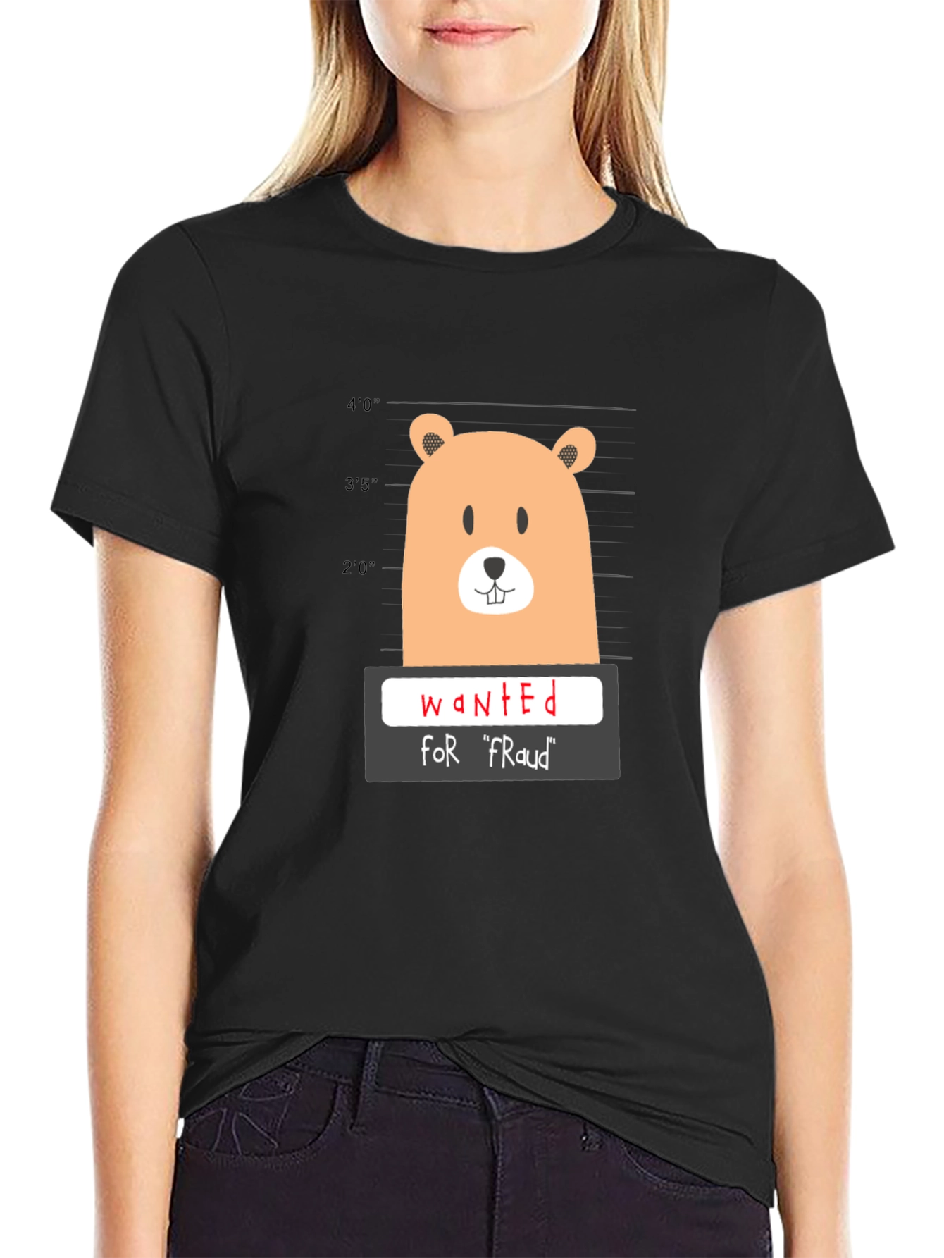Black Funny Wanted Bear Graphic T-Shirt view 2