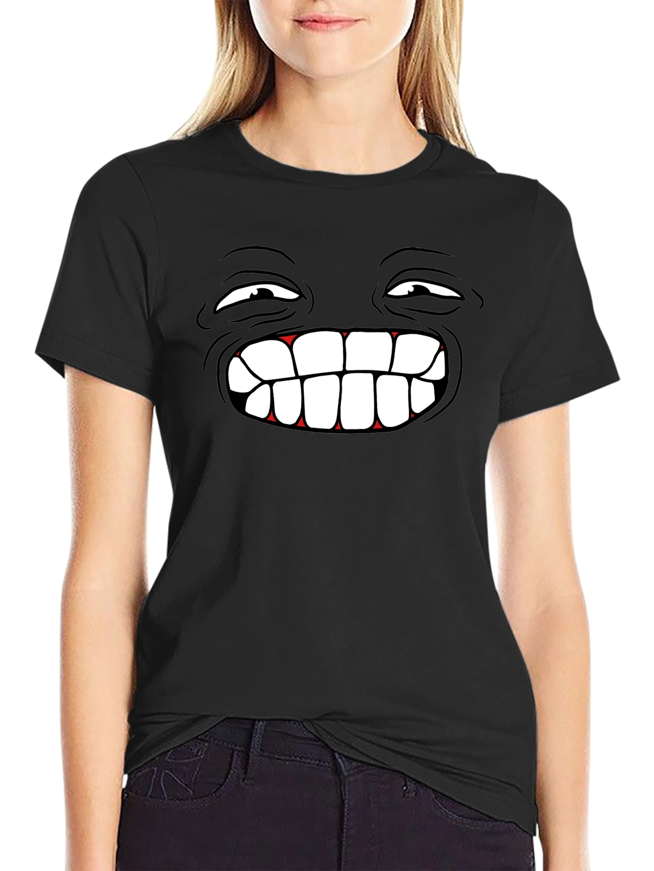 Black Funny Cartoon Face Black T-Shirt view 2