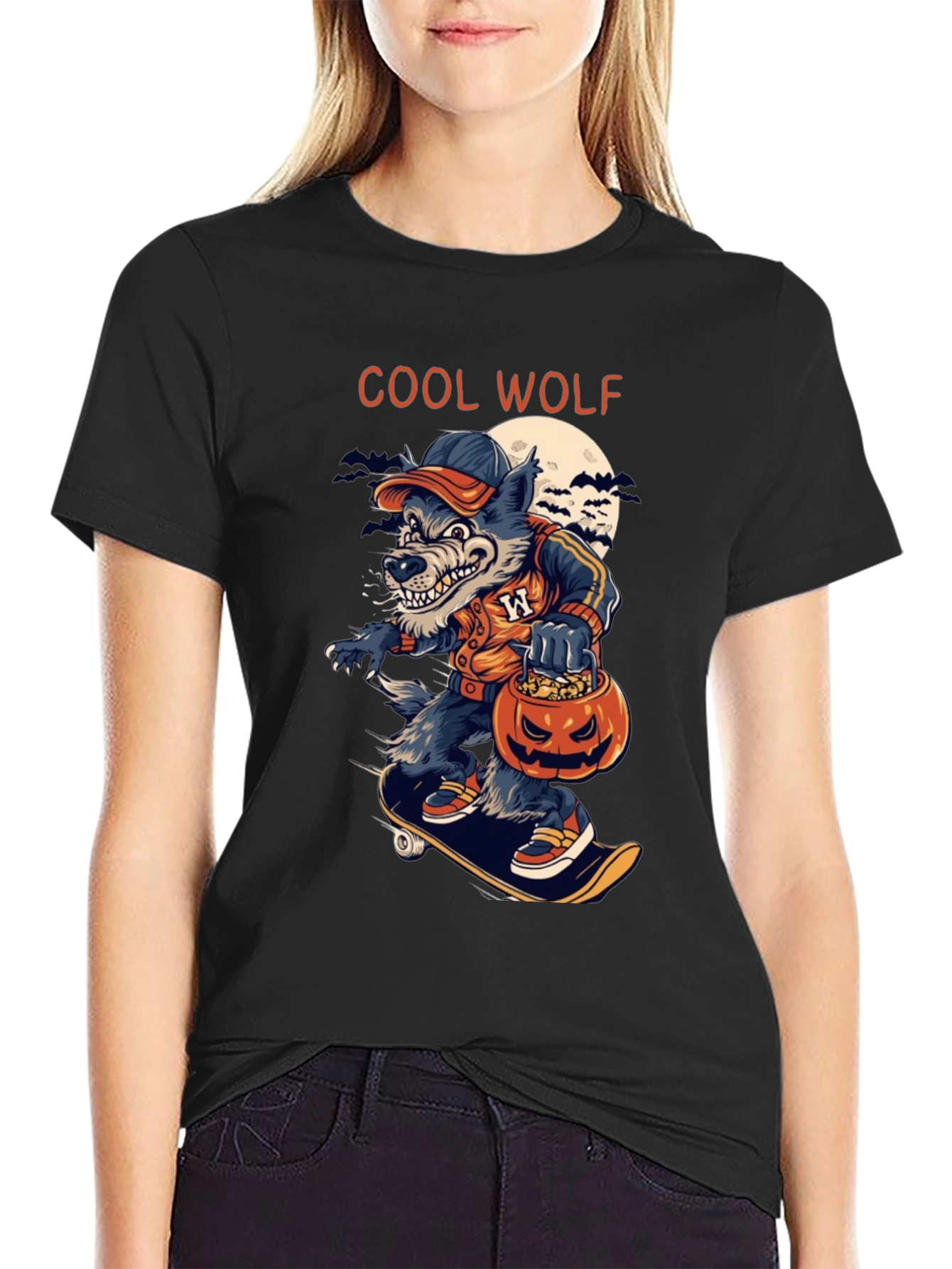 Black Cool Wolf Halloween Skateboard T-Shirt view 2