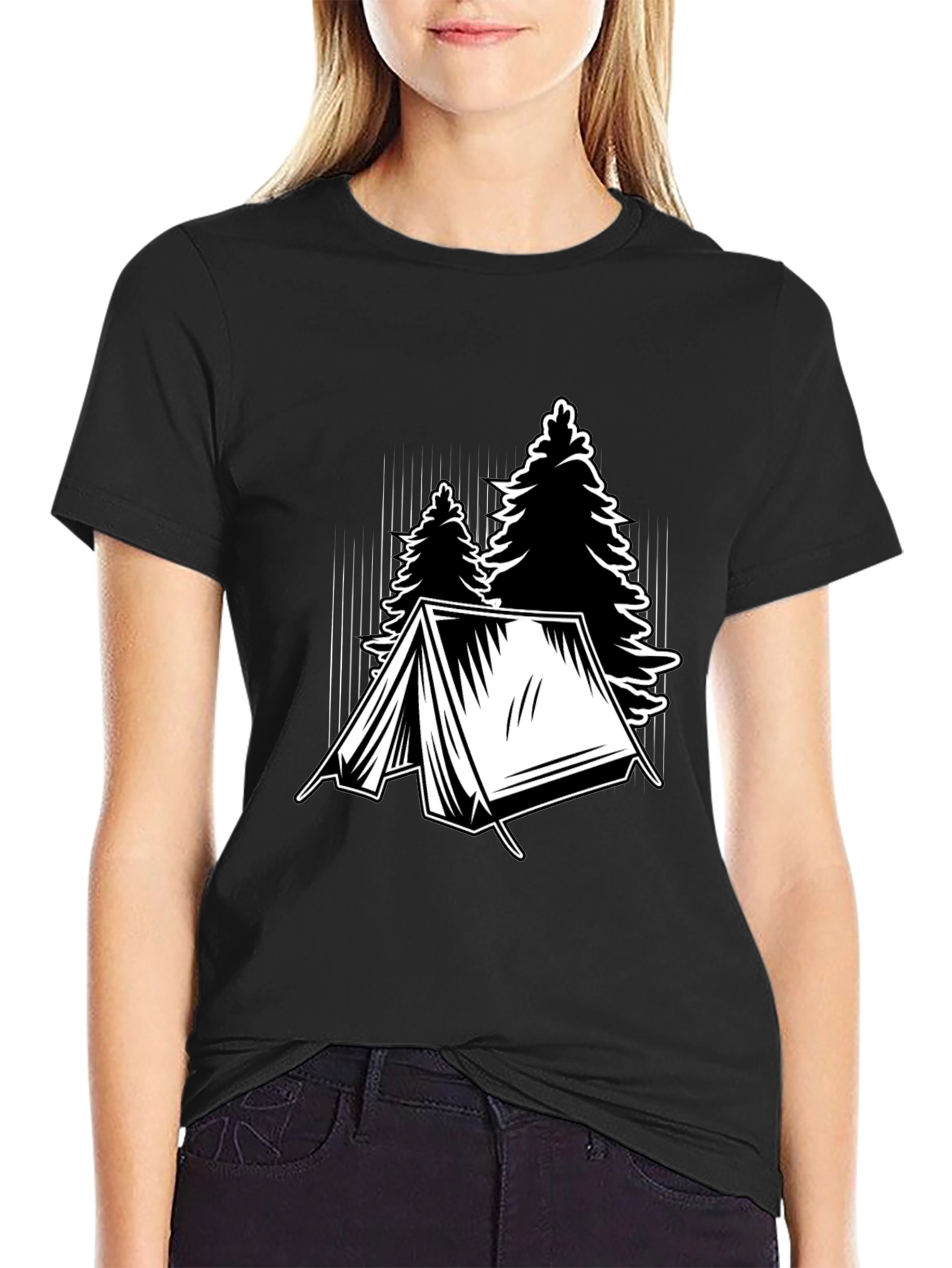 Black Camping Tent and Trees Graphic Tee - Black view 2