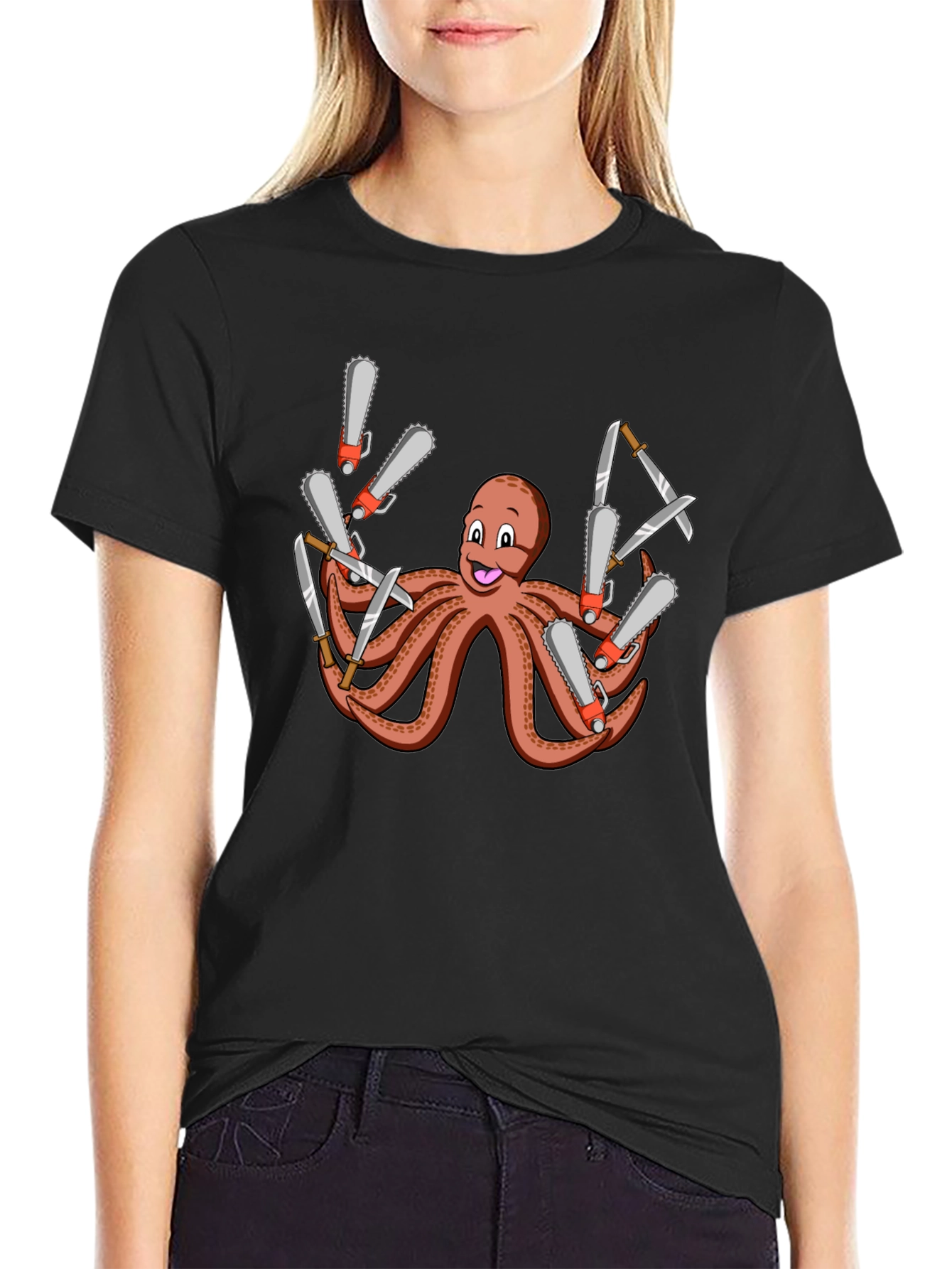 Black Octopus Chainsaw & Knife T-Shirt - Men's Black Tee view 2