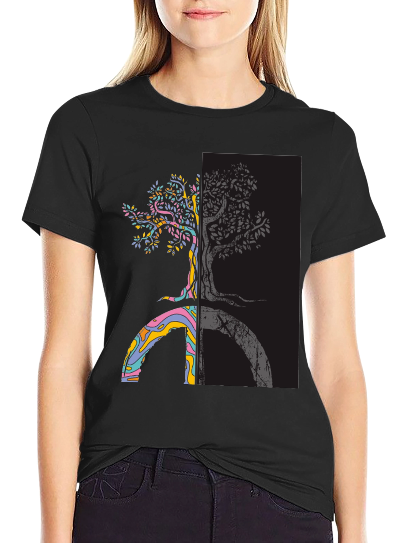 Black Yin Yang Tree Peace Sign T-Shirt view 2