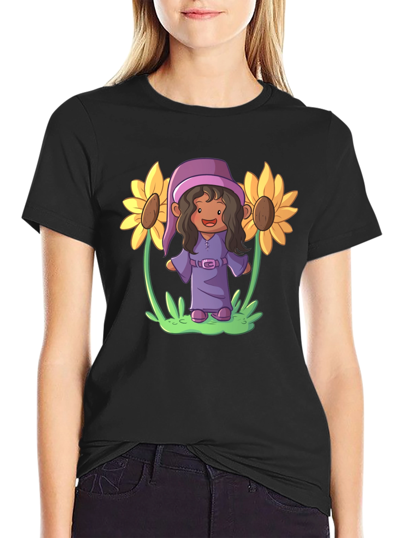 Black Sunflower Gnome Graphic Tee - Black Cotton Blend view 2