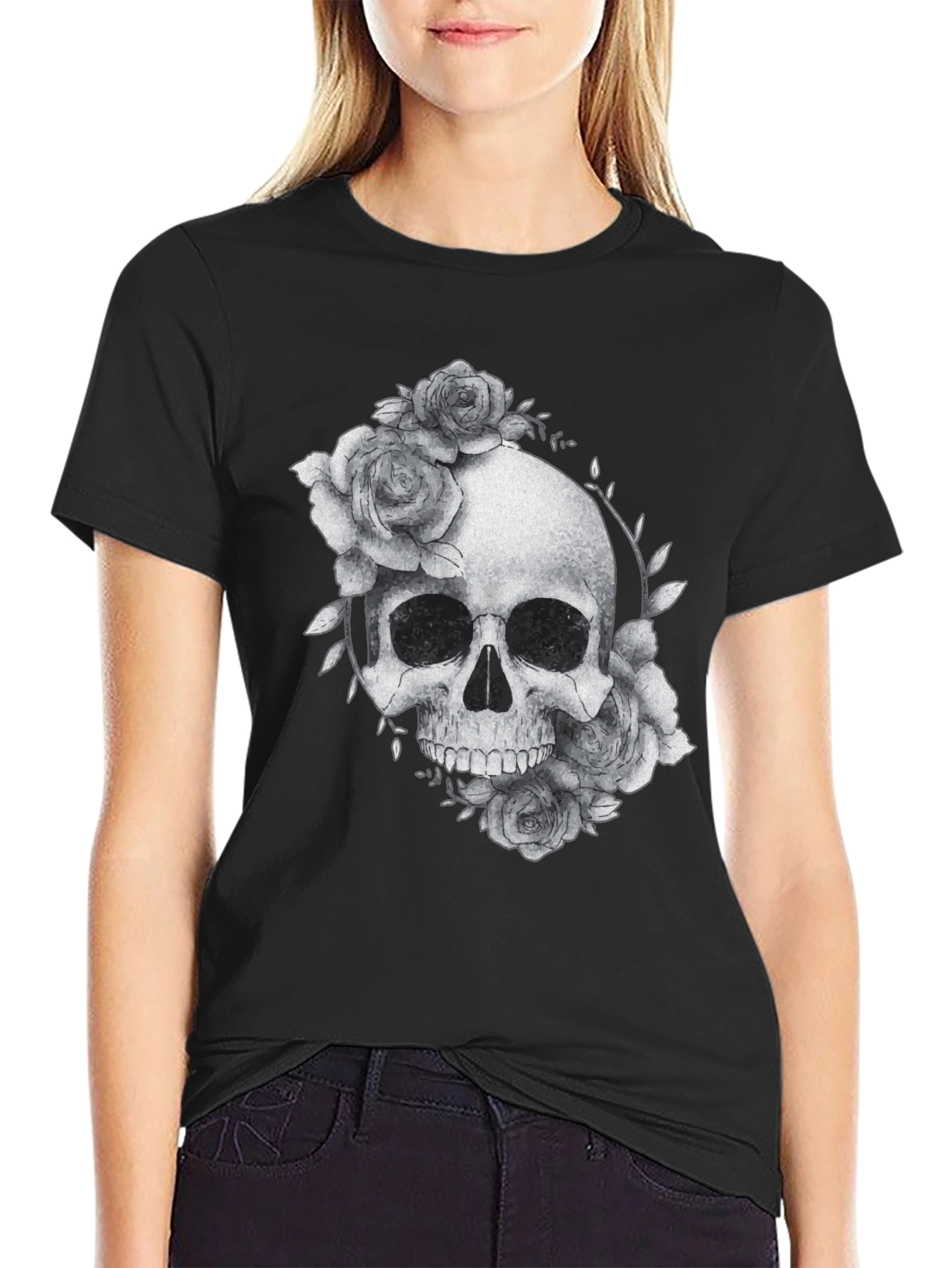 Black Skull & Roses Graphic Tee - Black Casual T-Shirt view 2