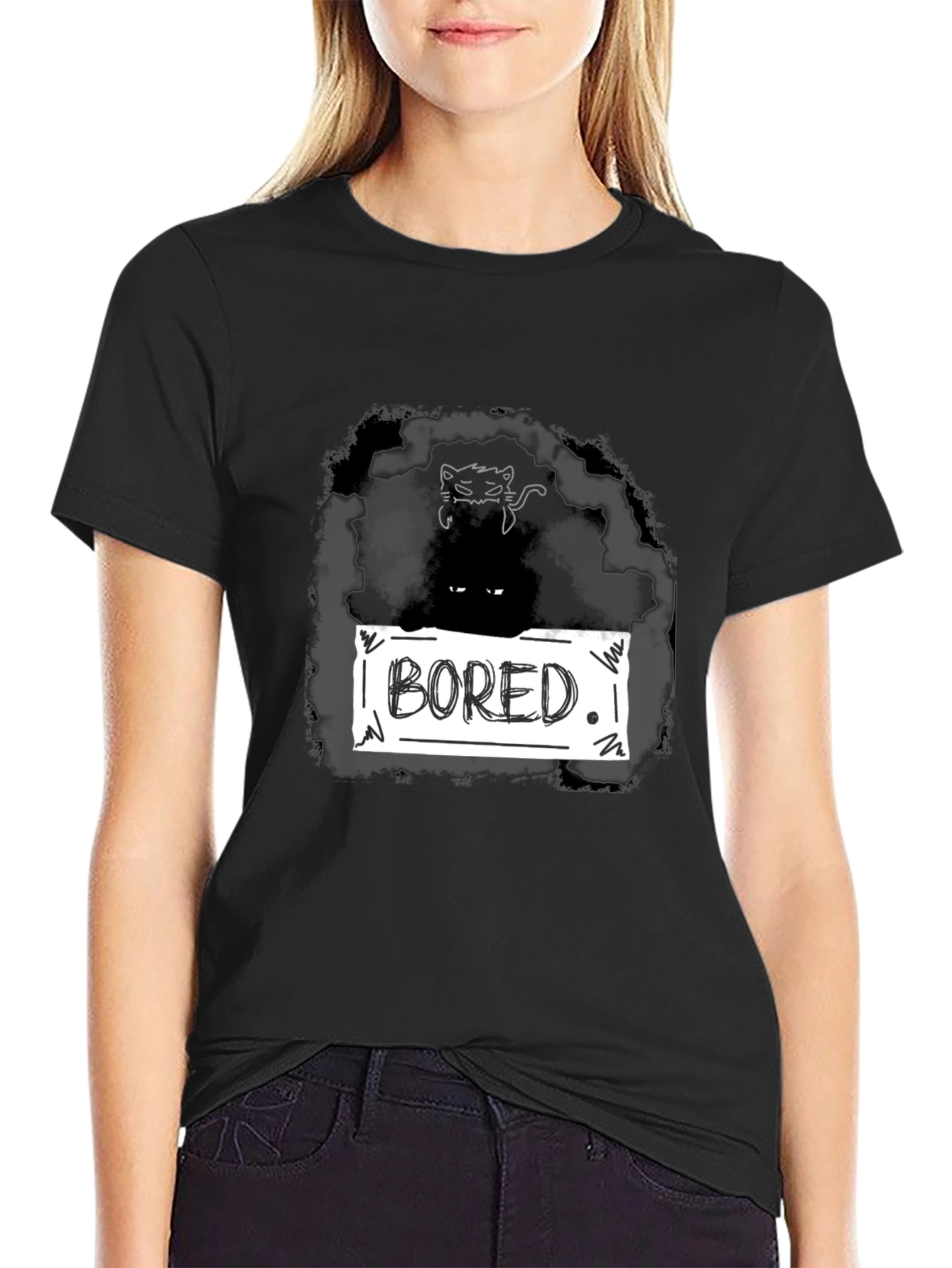 Black Bored Cat Graphic T-Shirt - Unisex Black Tee view 2