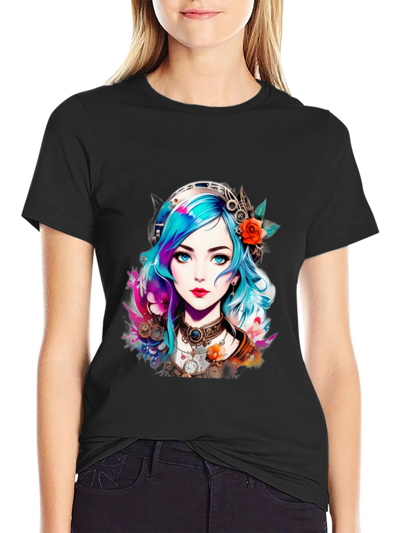 Black Steampunk Anime Girl Graphic Tee view 2