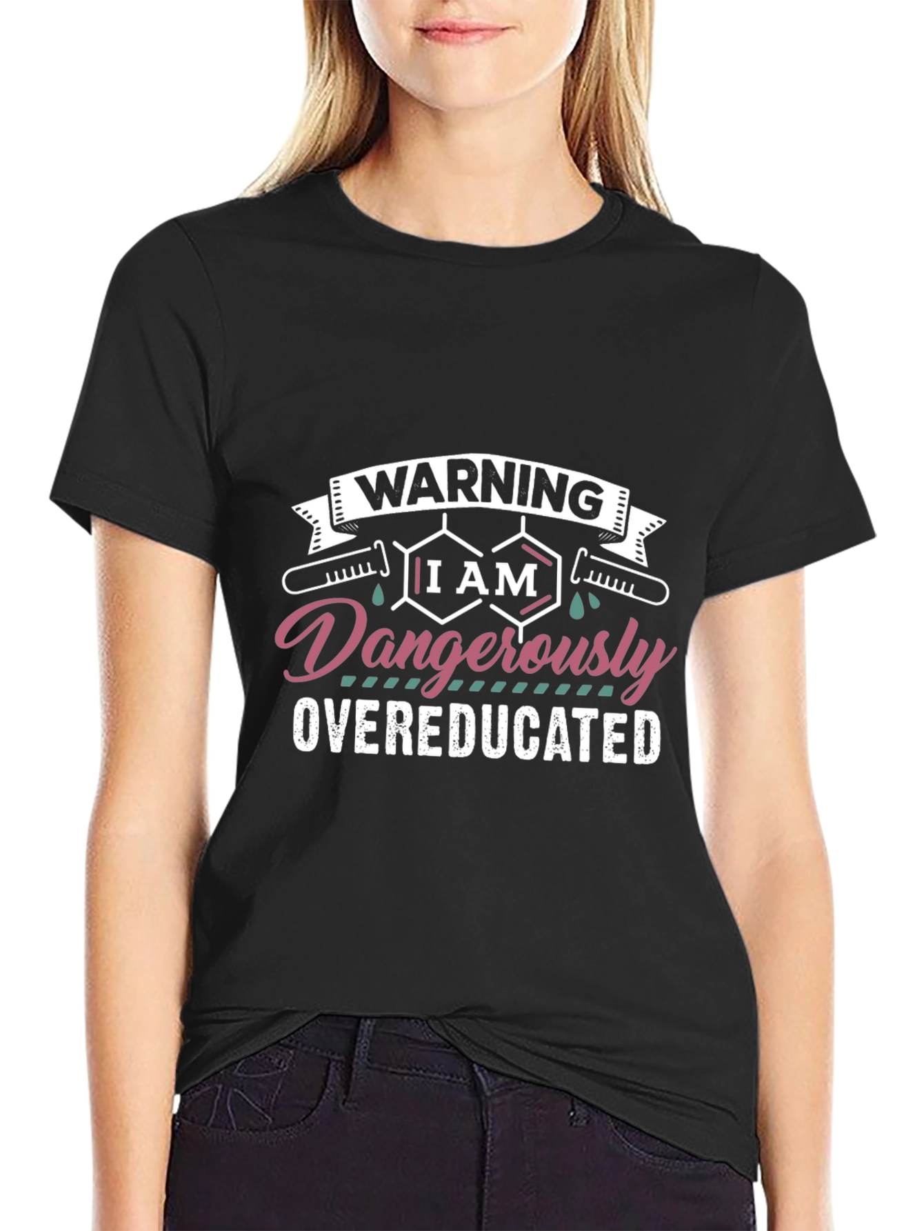 Black Warning Dangerously Overeducated Black T-Shirt view 2