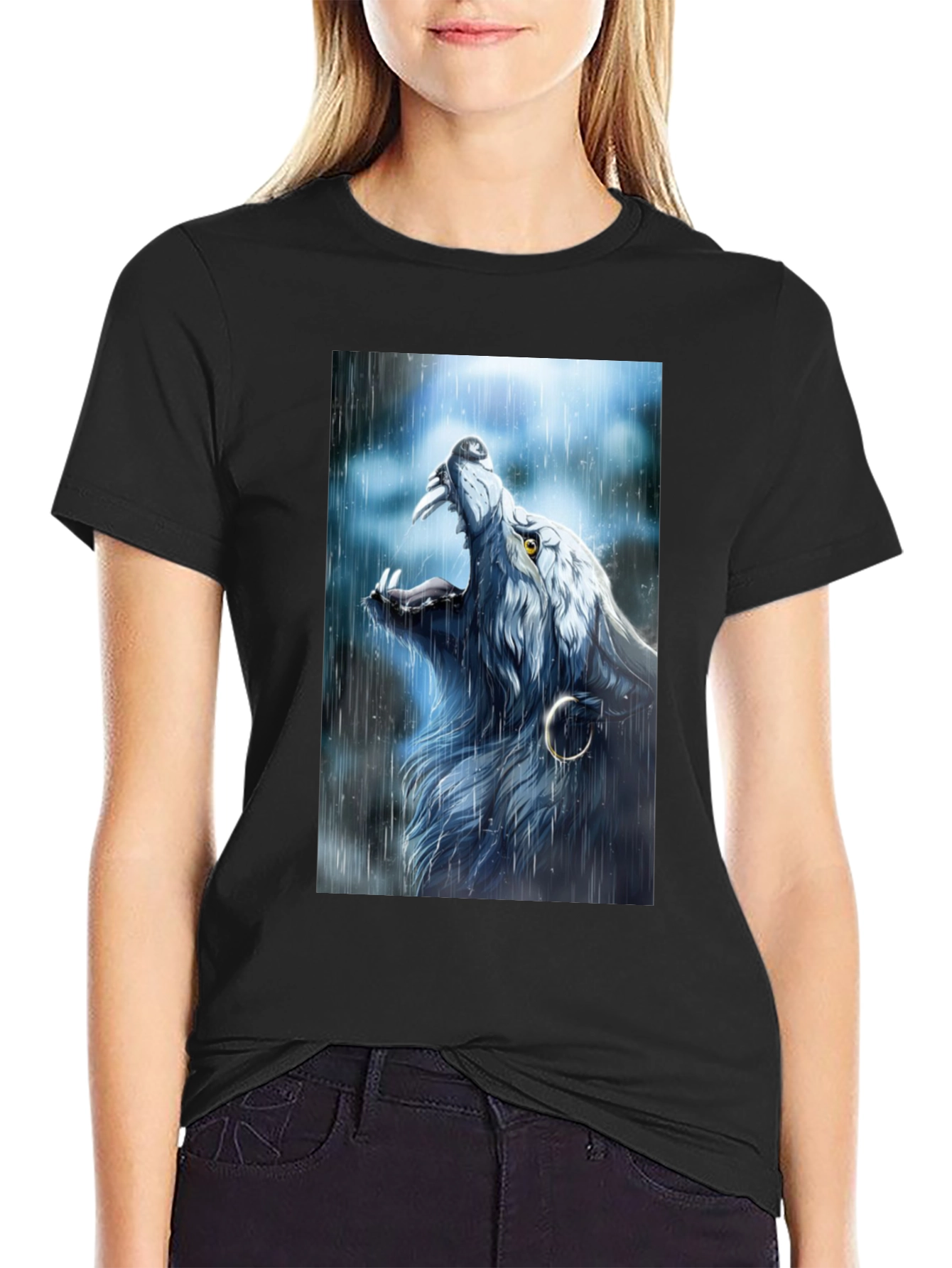 Black Wolf Howling in Rain Graphic Black T-Shirt view 2