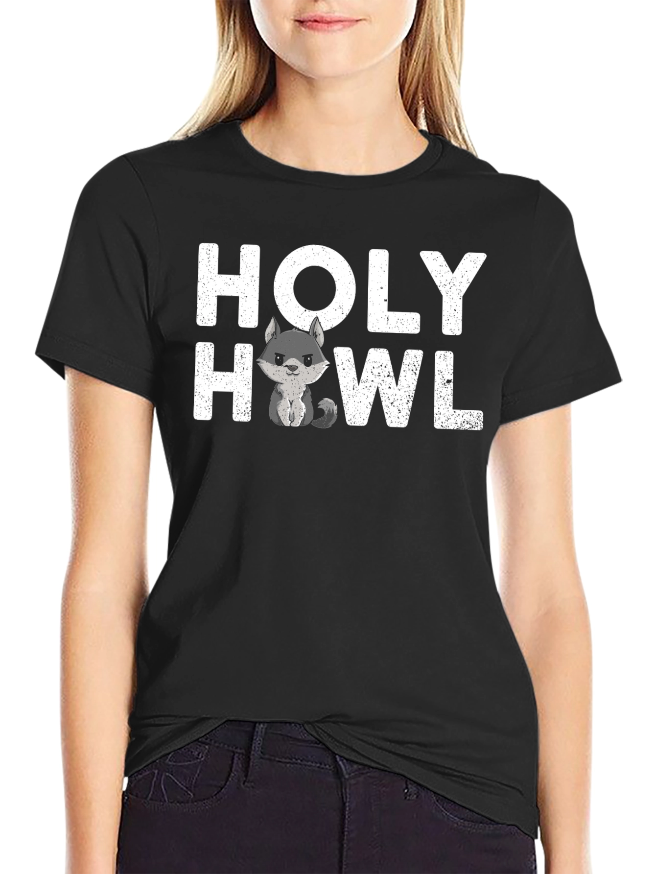 Black Holy Howl T-Shirt - Cute Wolf Graphic Tee view 2