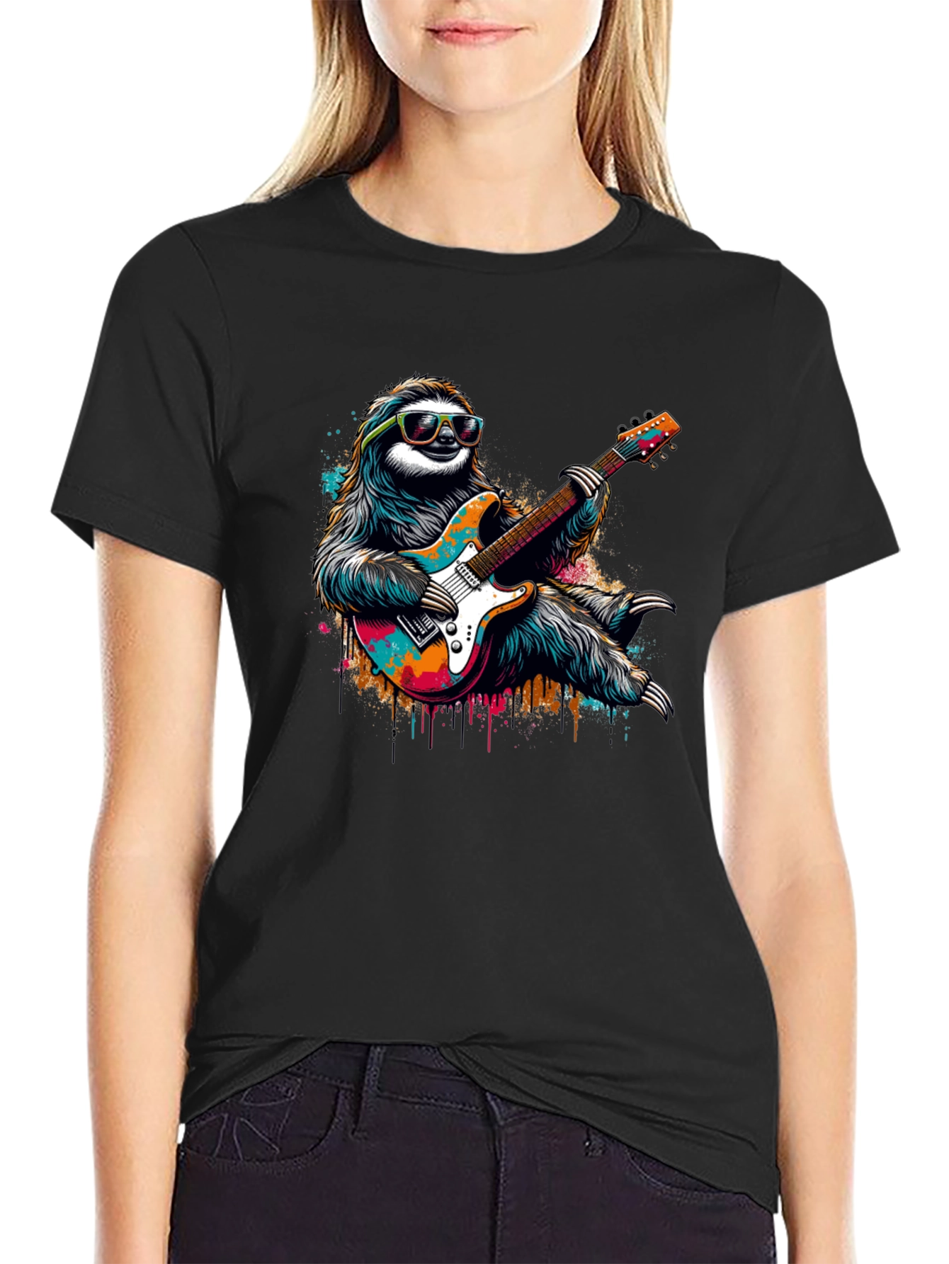 Black Cool Sloth Guitar Player Graphic Tee - Black view 2