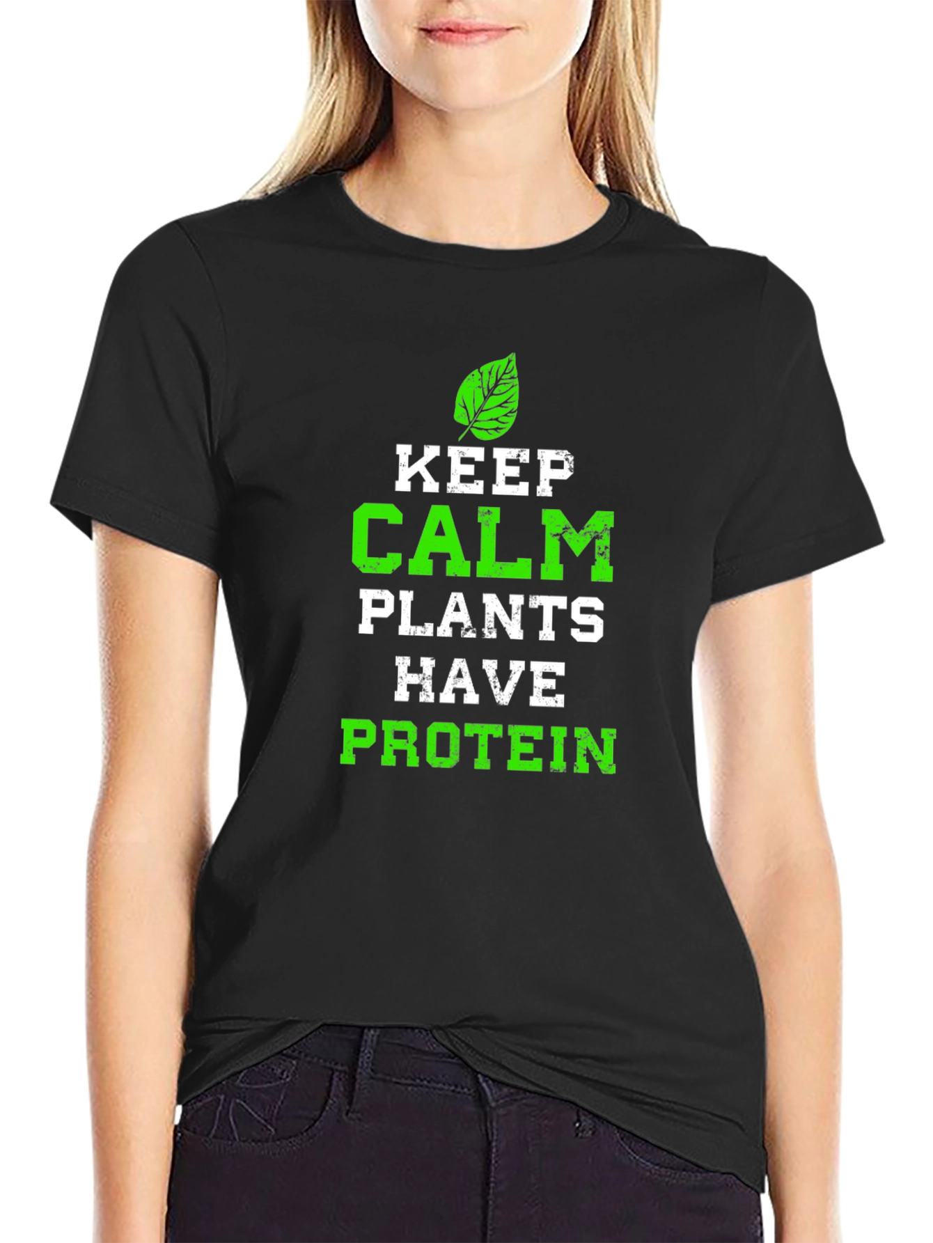 Black Keep Calm Plants Have Protein Graphic Tee view 2
