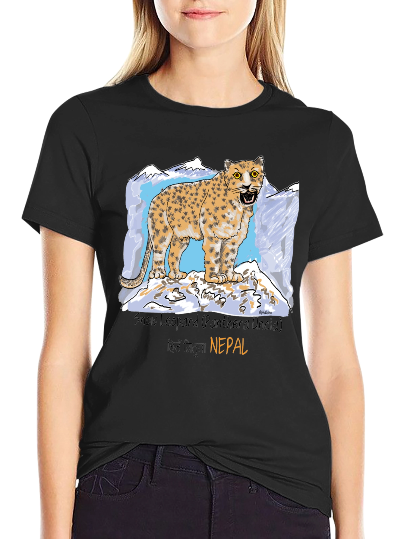 Black Snow Leopard Graphic Tee - Nepal Wildlife Shirt view 2