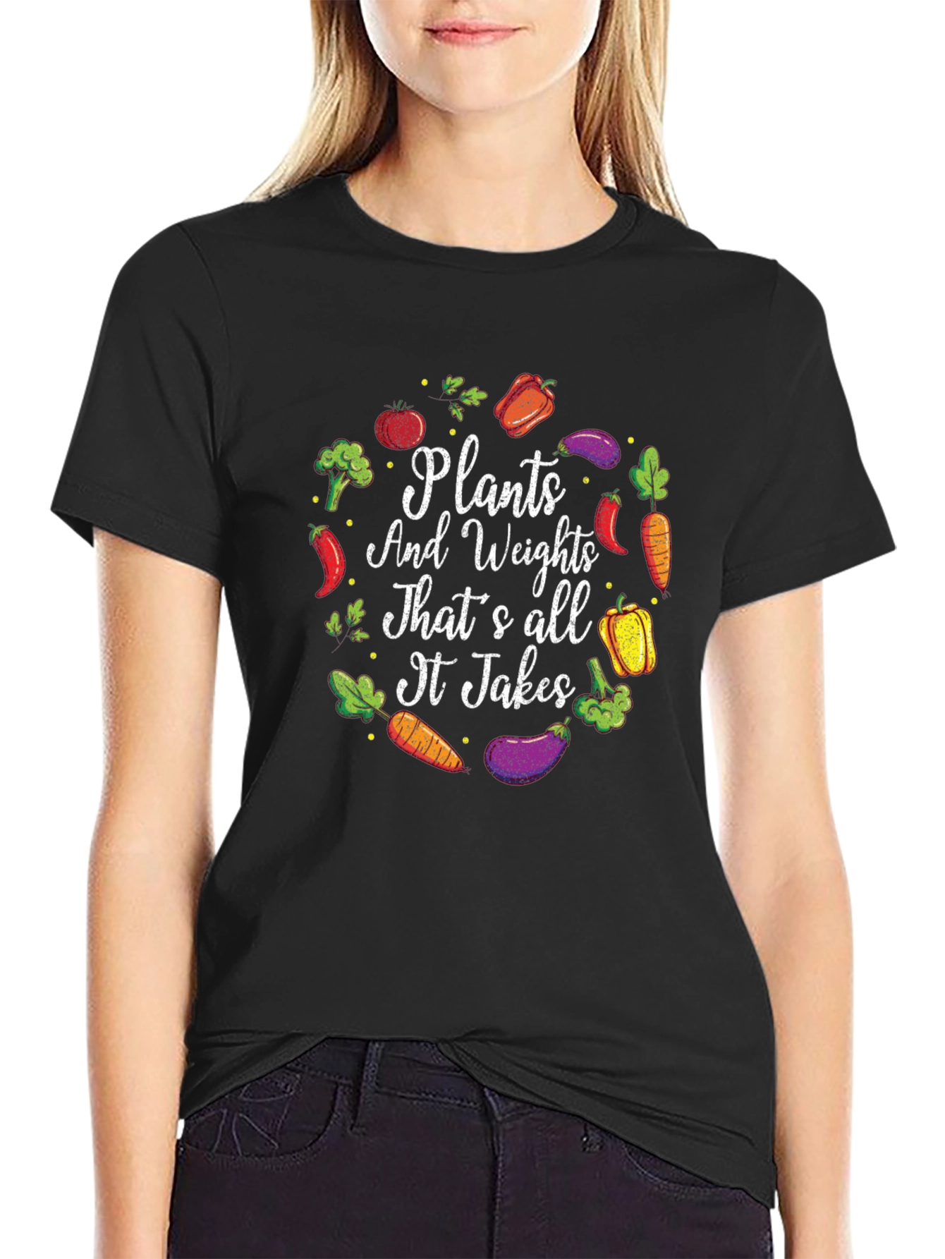 Black Plants and Weights T-Shirt - Vegan Fitness Apparel view 2