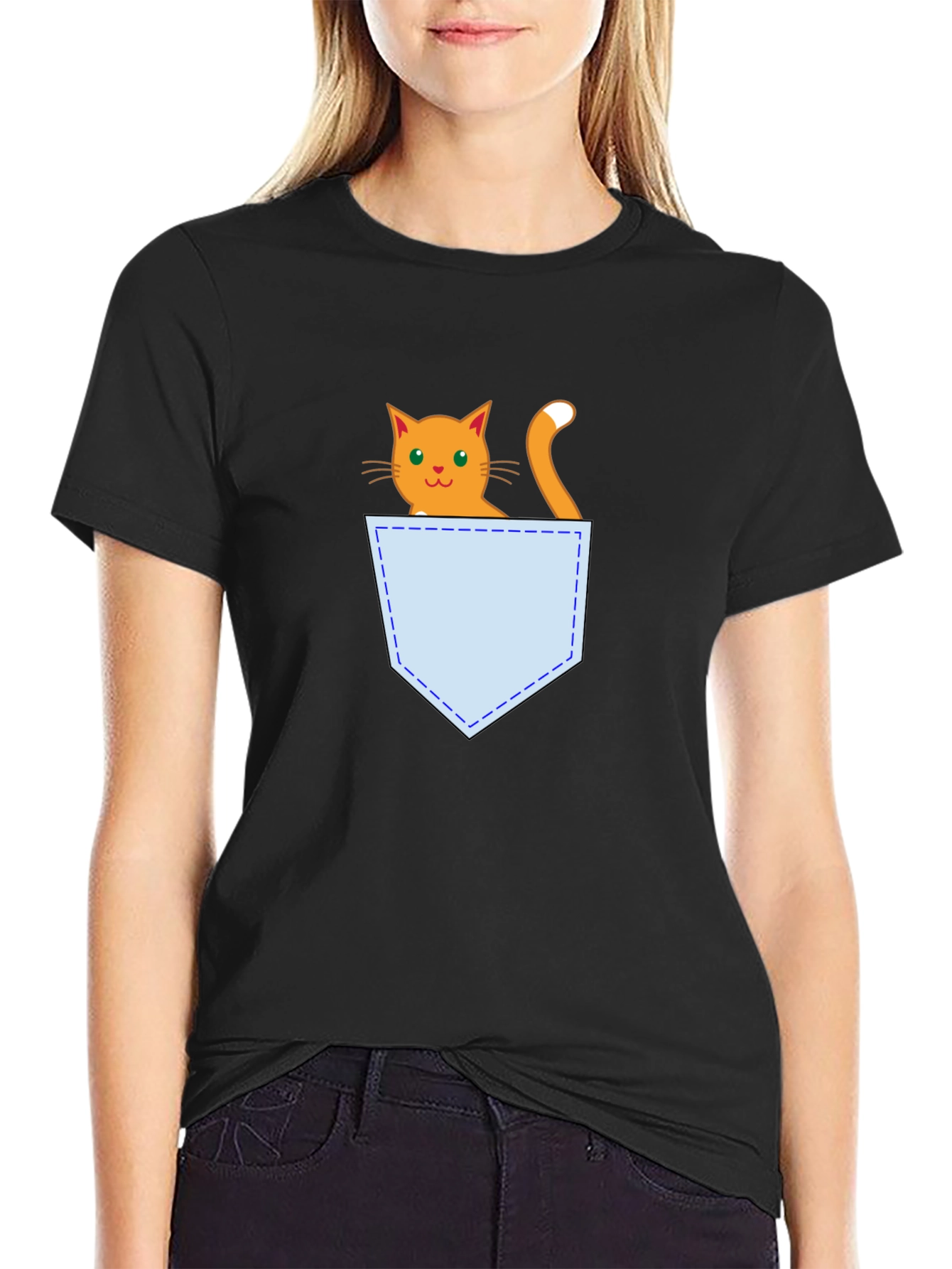 Black Cute Cat Pocket T-Shirt - Black Graphic Tee view 2