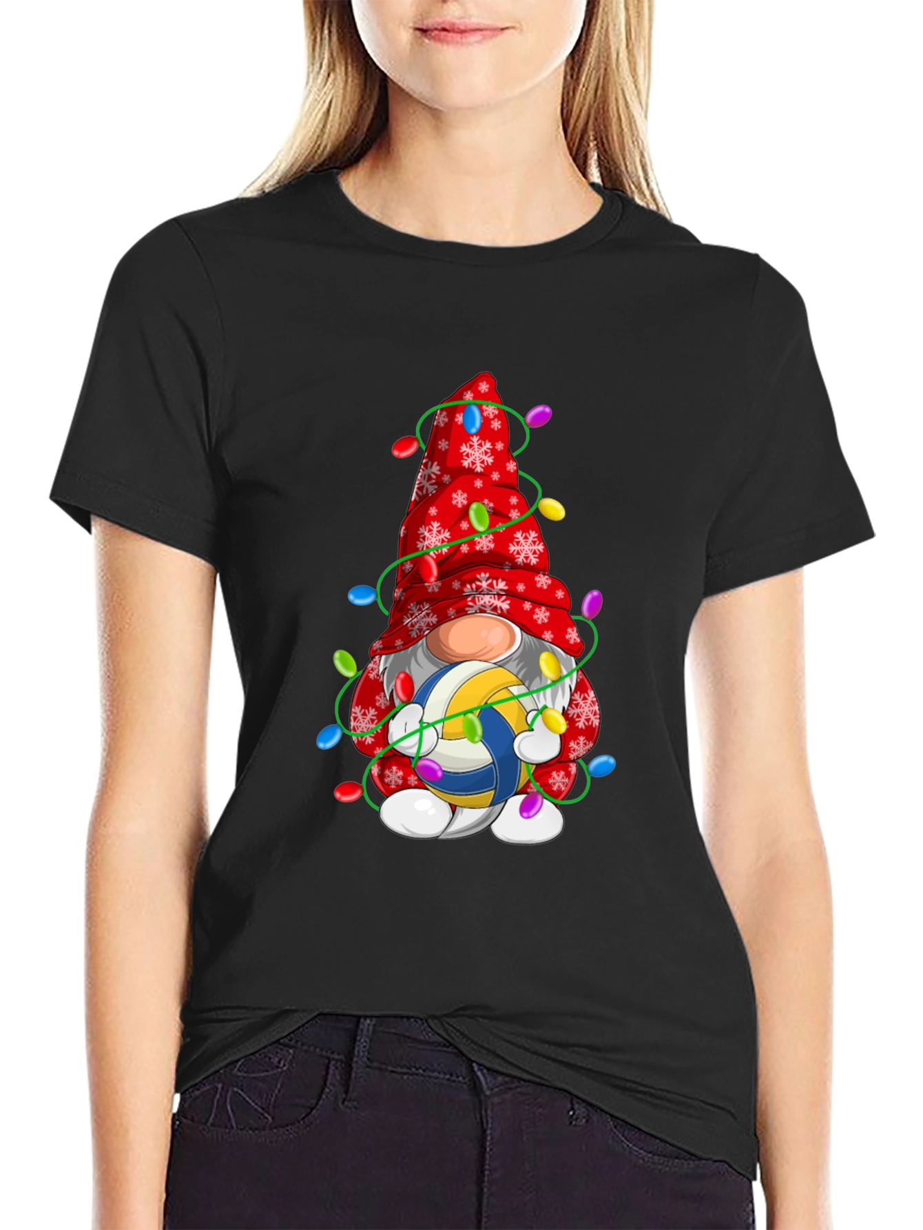 Black Volleyball Gnome Christmas T-Shirt view 2