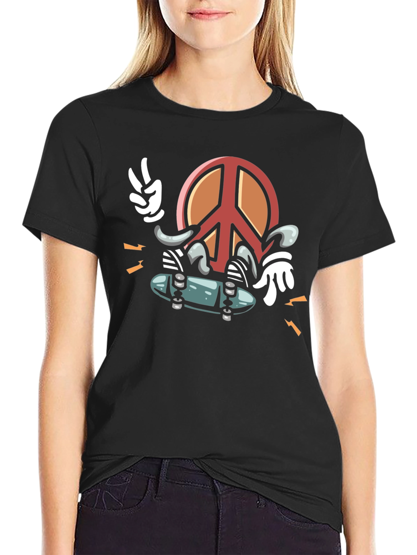 Black Cool Peace Sign Skateboarder Graphic Black T-Shirt view 2