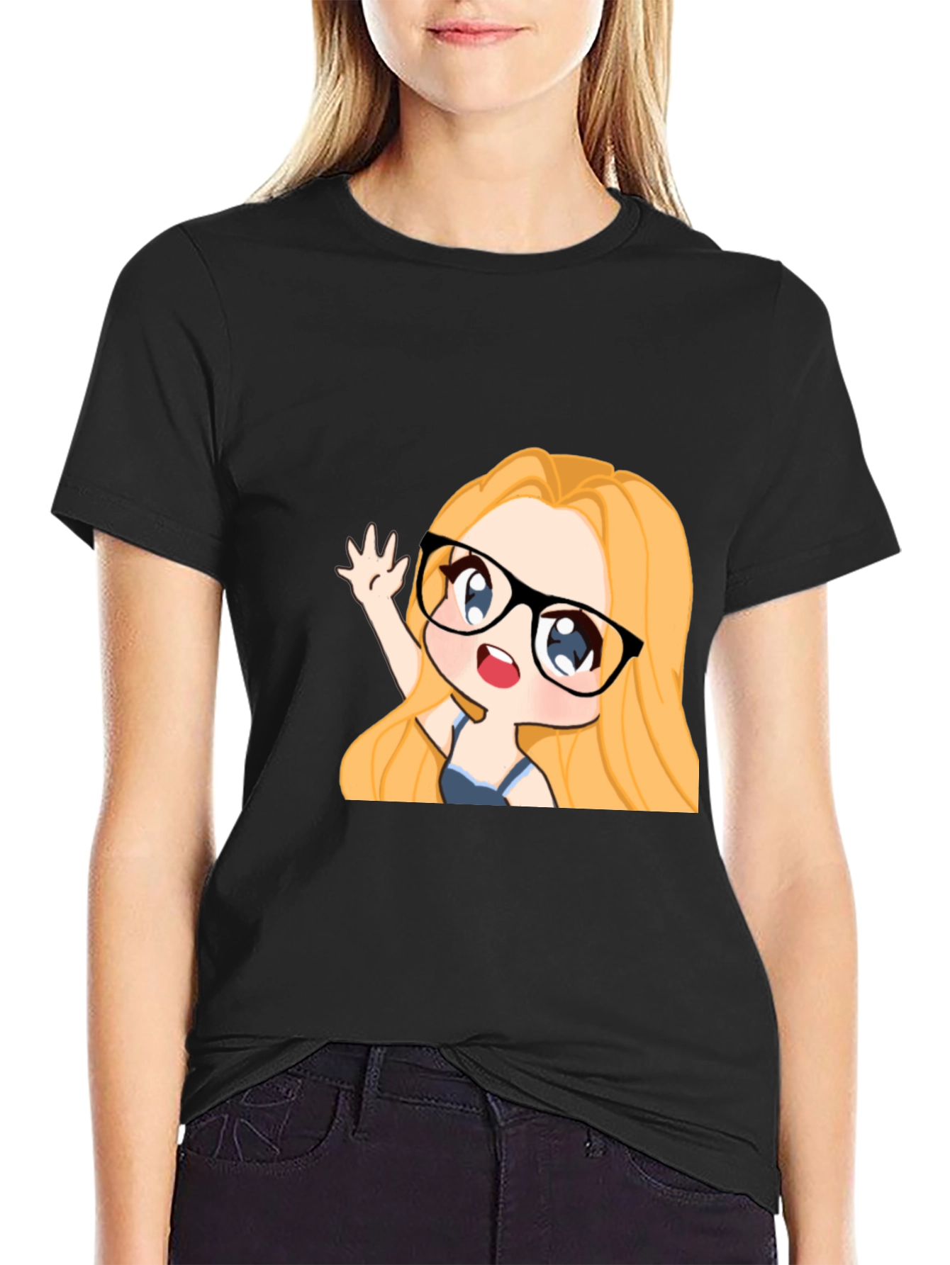 Black Anime Girl Graphic Tee - Black Cotton Casual T-Shirt view 2