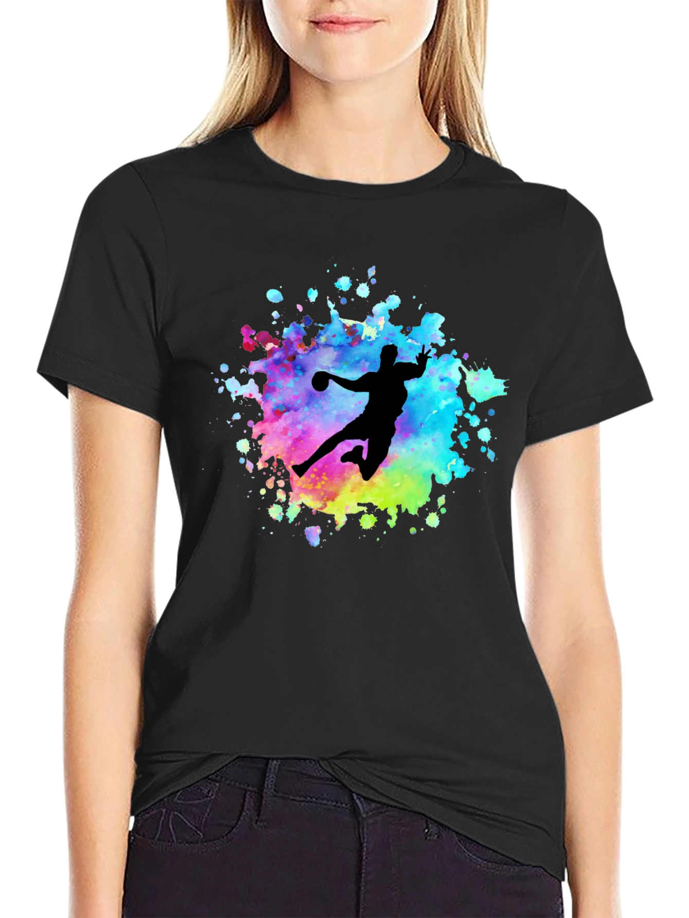 Black Watercolor Handball Player T-Shirt - Black view 2