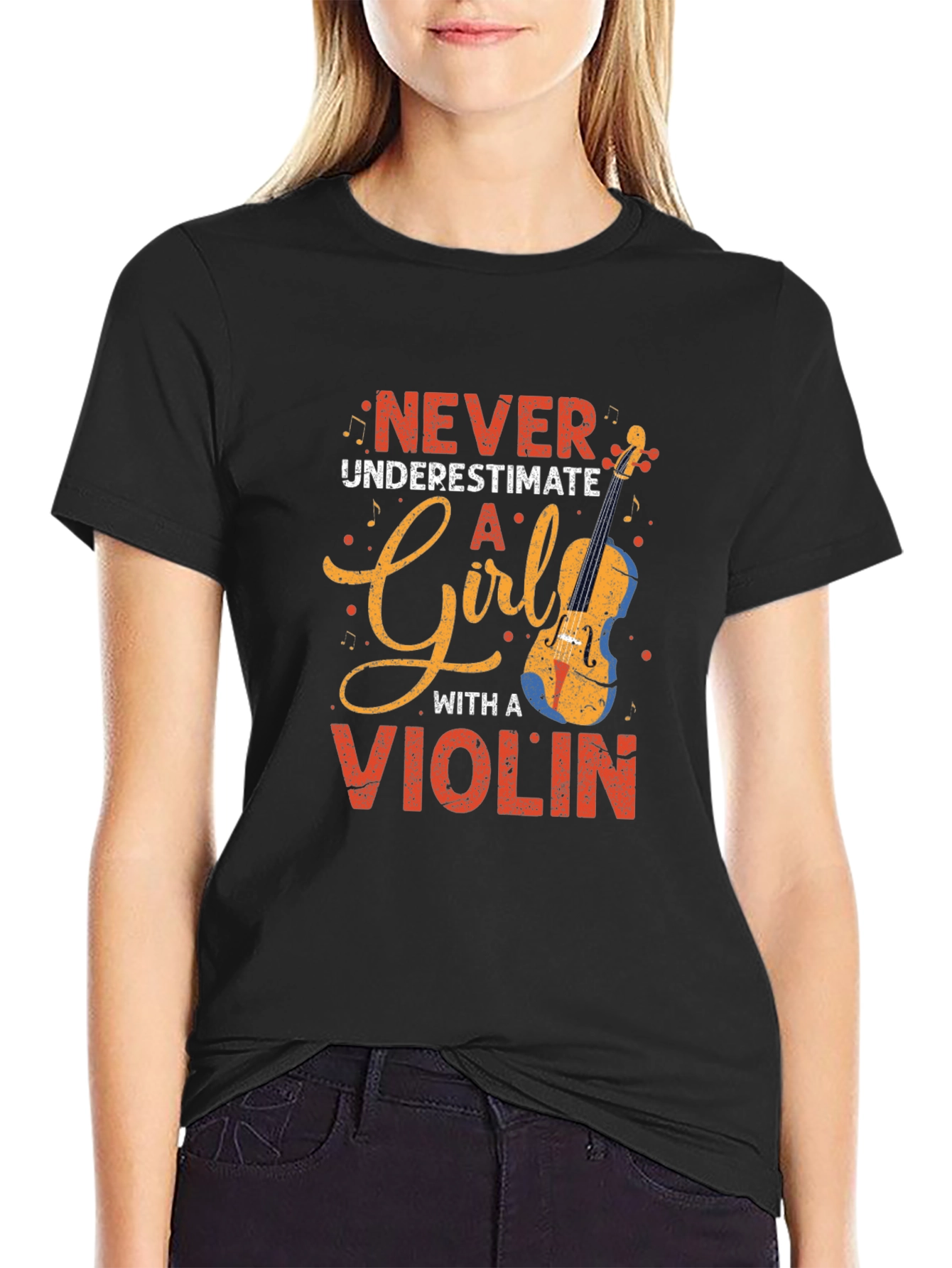 Black Never Underestimate a Girl With a Violin T-Shirt view 2