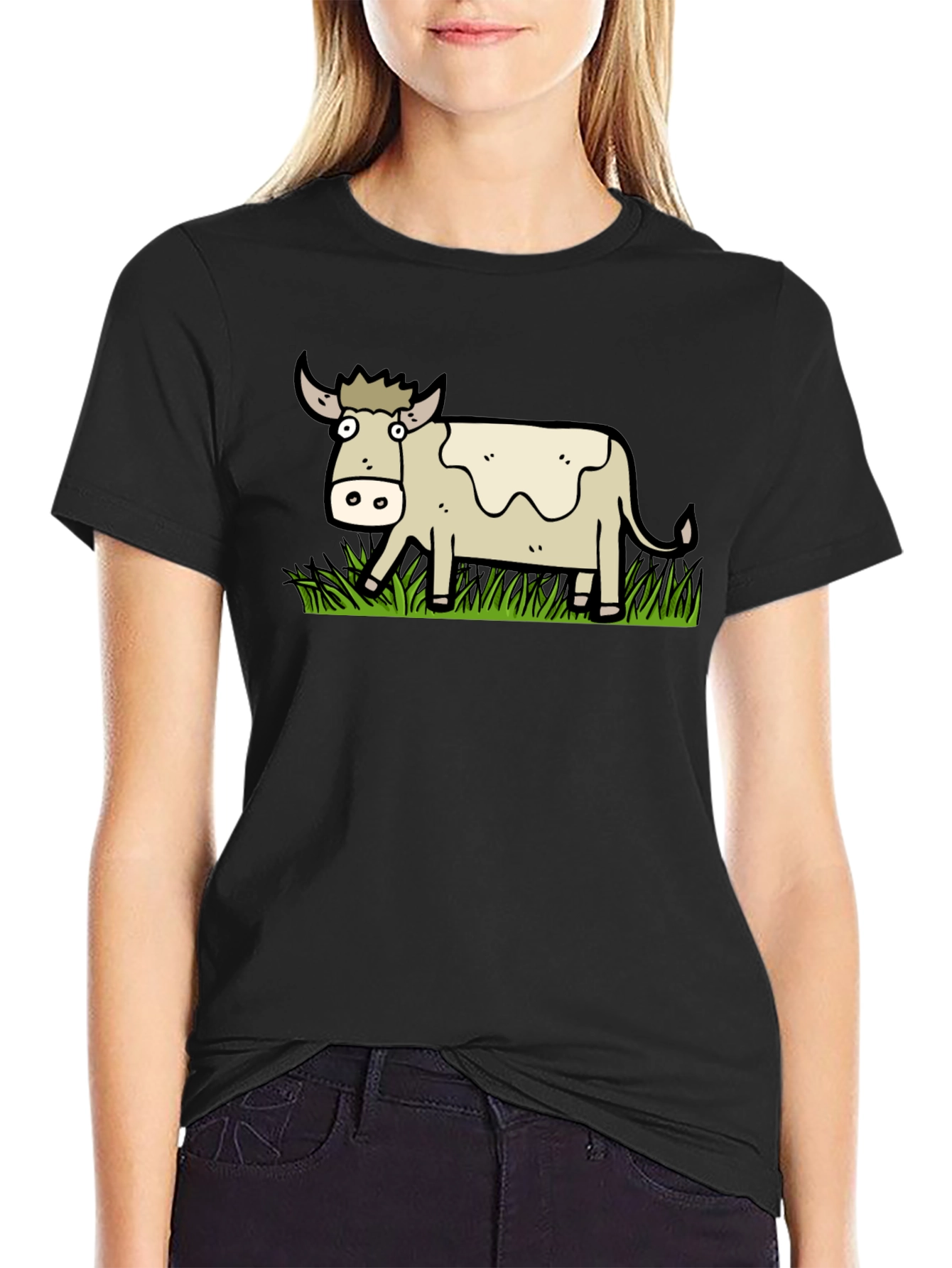 Black Cartoon Cow Graphic T-Shirt - Unisex view 2
